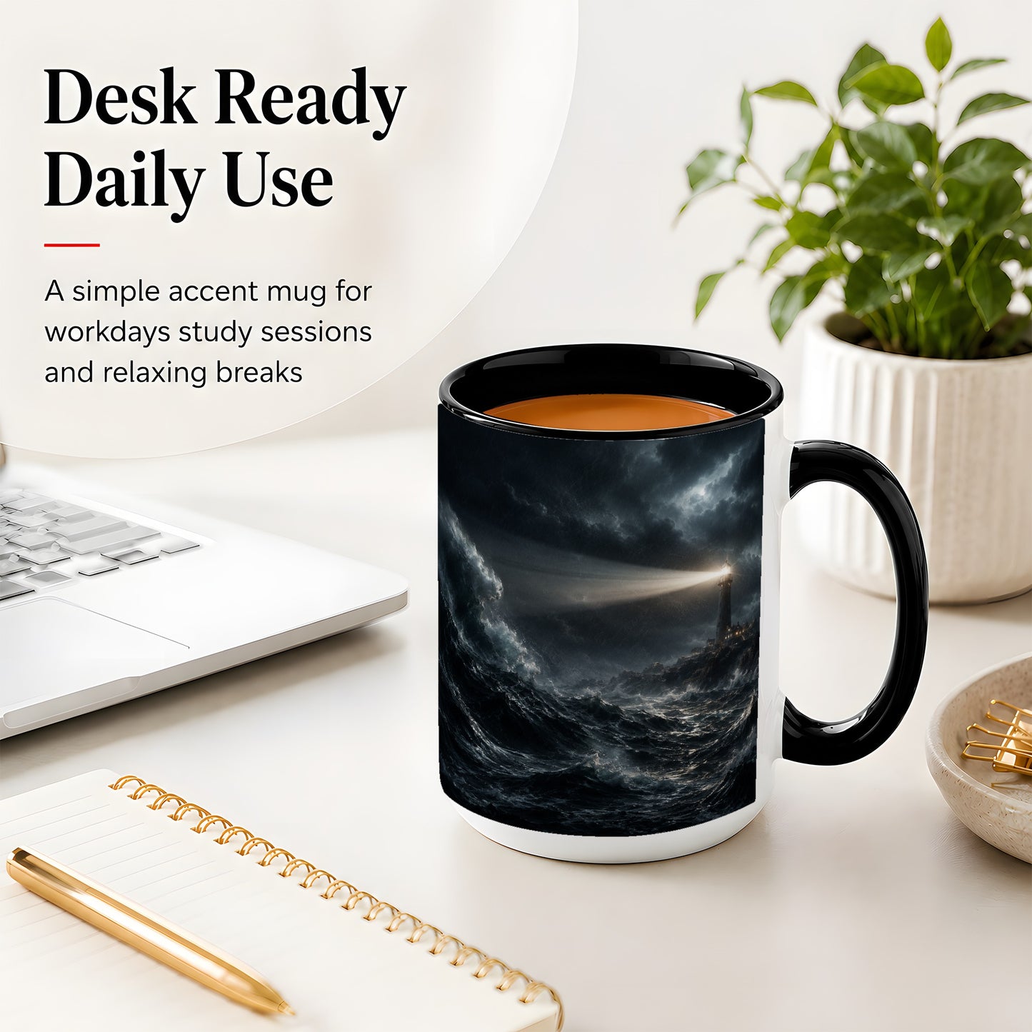 #pl[15oz|Black] Storm Lighthouse Ceramic Mug, Dramatic Ocean Night Art