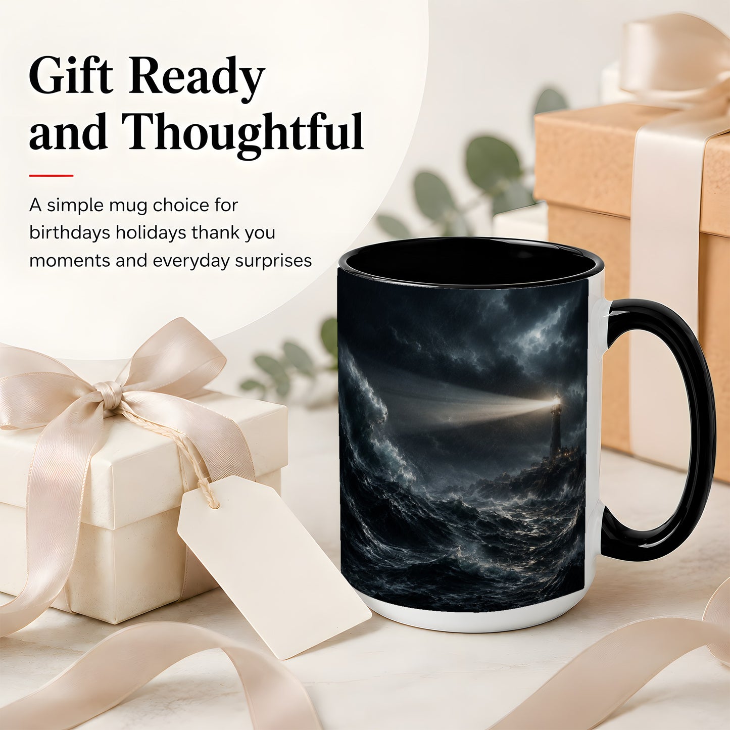 #pl[15oz|Black] Storm Lighthouse Ceramic Mug, Dramatic Ocean Night Art