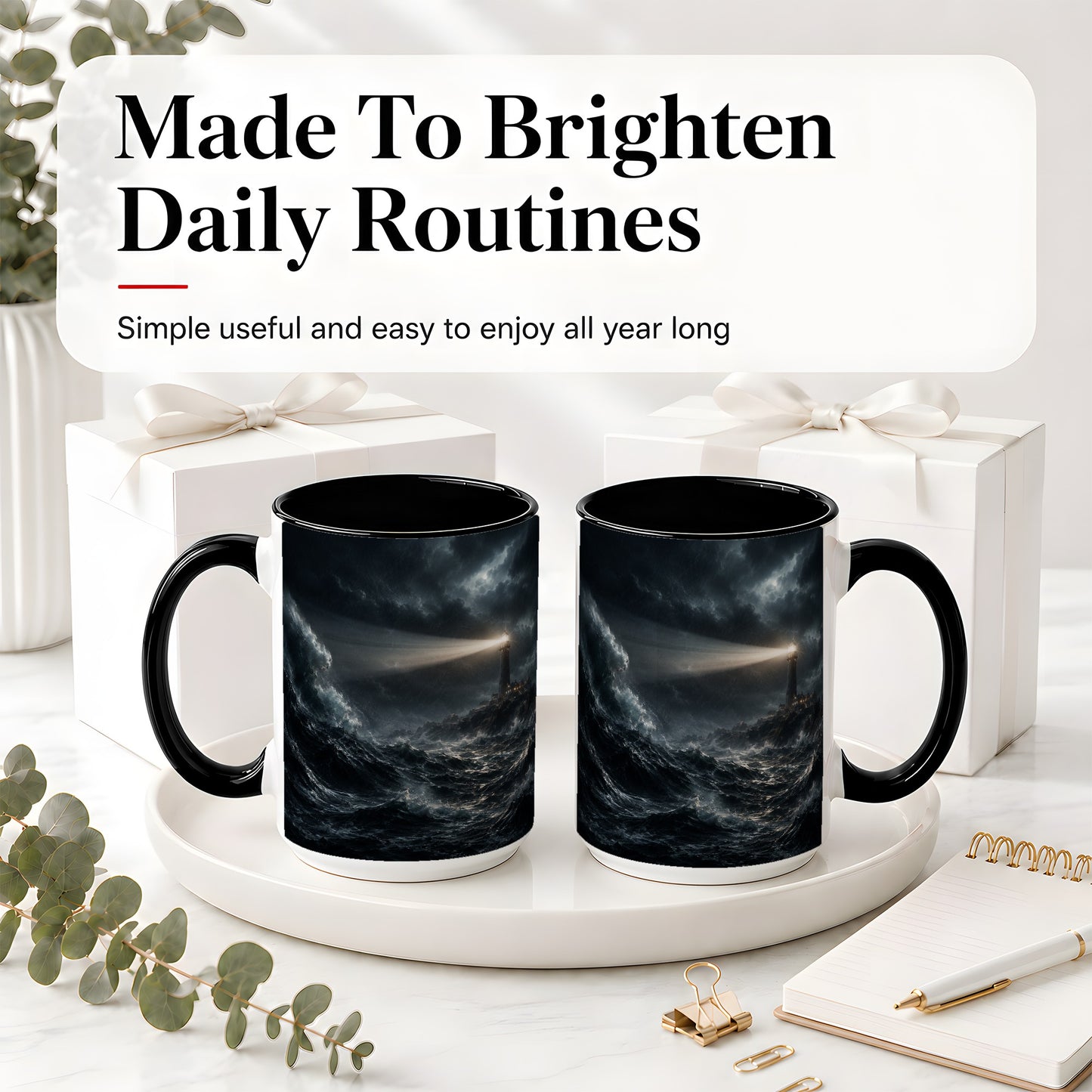 #pl[15oz|Black] Storm Lighthouse Ceramic Mug, Dramatic Ocean Night Art
