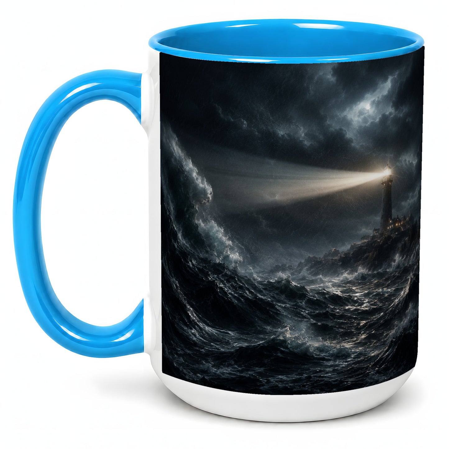 #pl[15oz|Blue] Storm Lighthouse Ceramic Mug, Dramatic Ocean Night Art