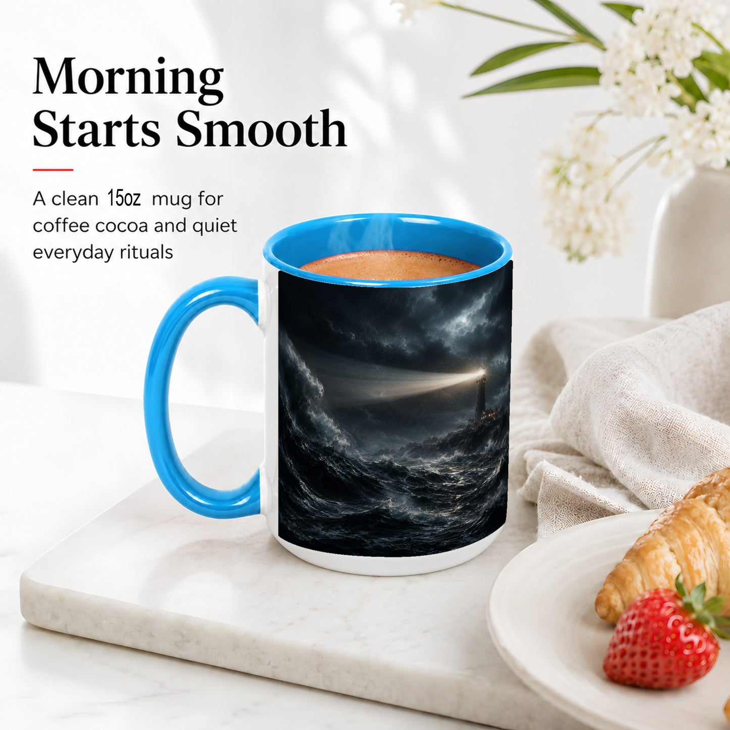 #pl[15oz|Blue] Storm Lighthouse Ceramic Mug, Dramatic Ocean Night Art