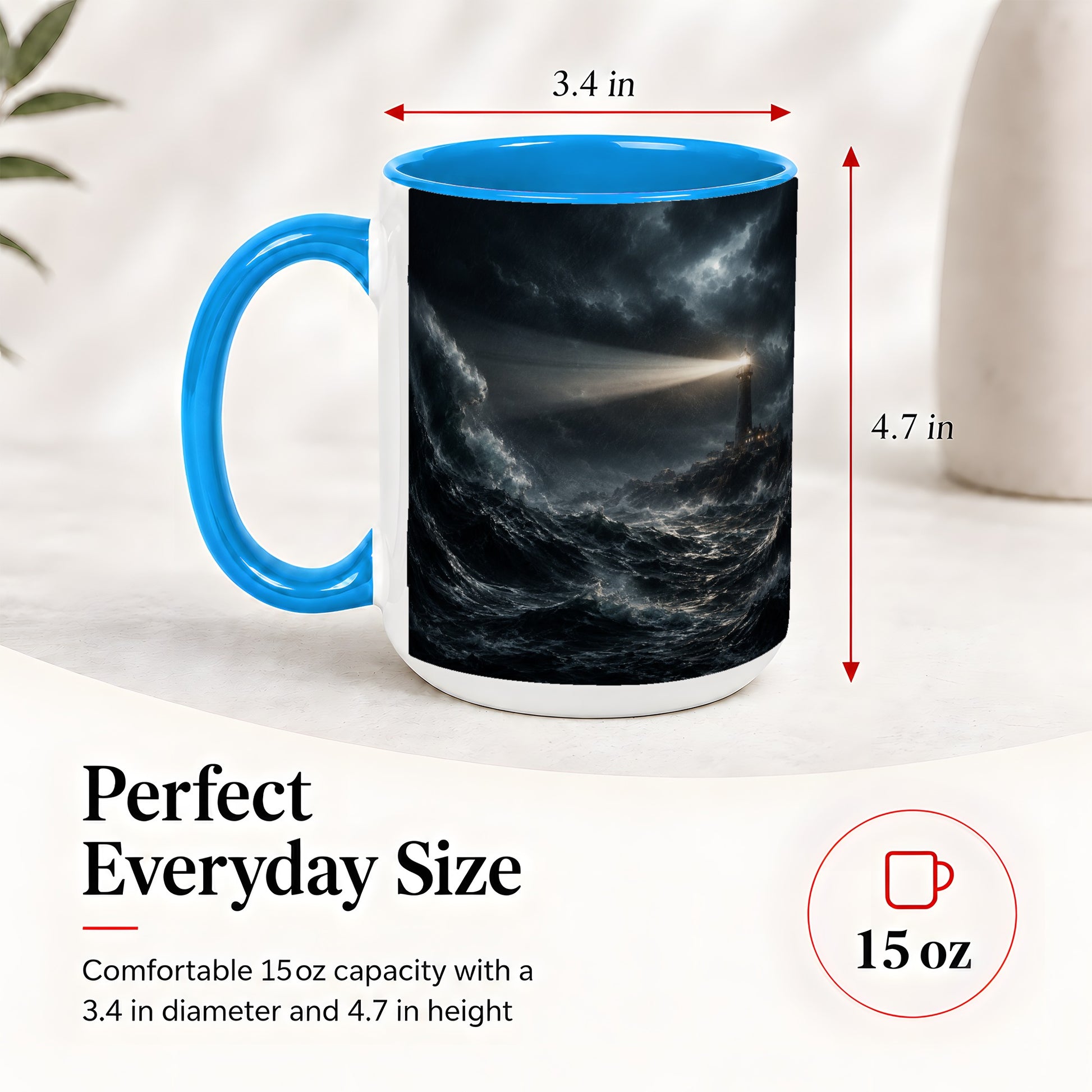 #pl[15oz|Blue] Storm Lighthouse Ceramic Mug, Dramatic Ocean Night Art