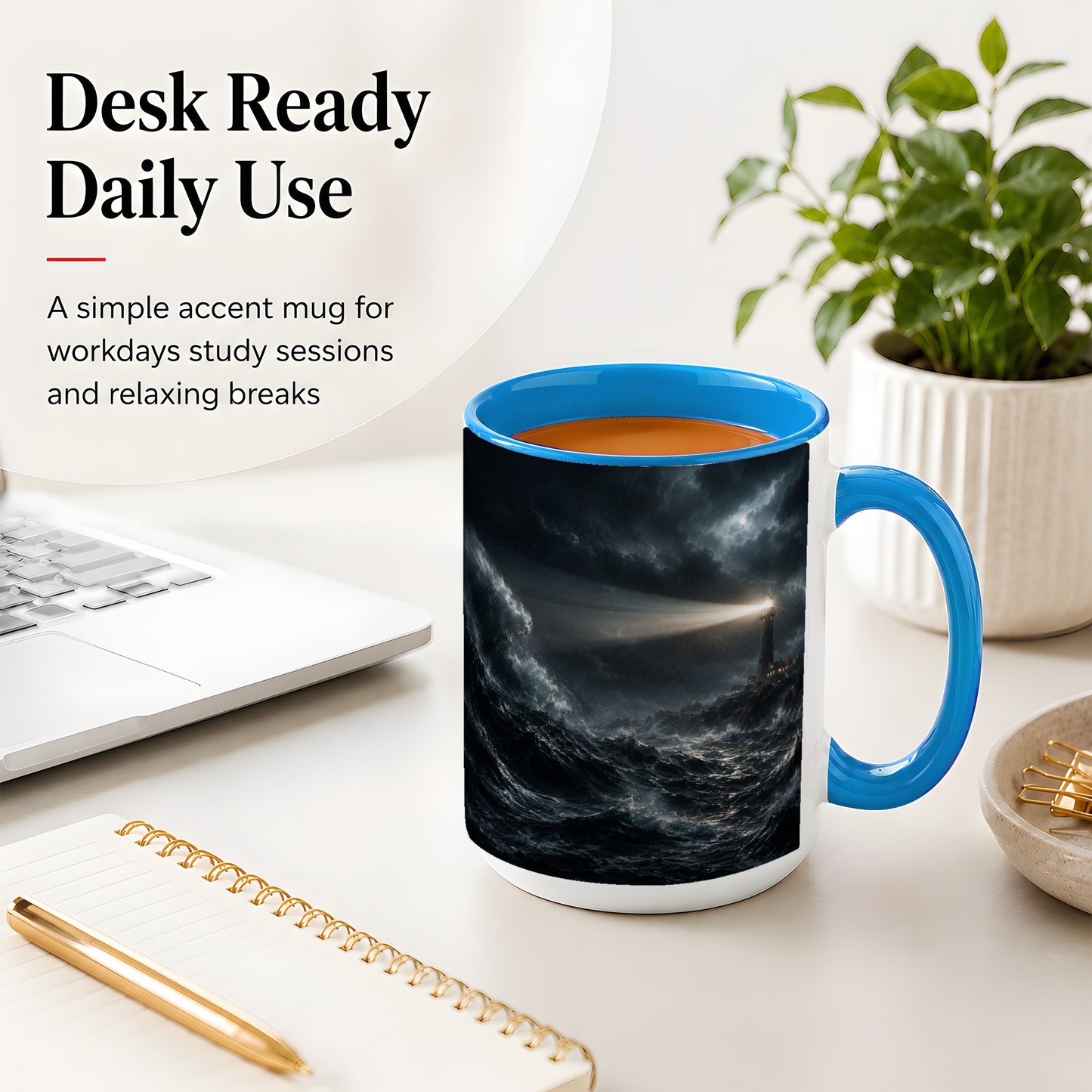 #pl[15oz|Blue] Storm Lighthouse Ceramic Mug, Dramatic Ocean Night Art