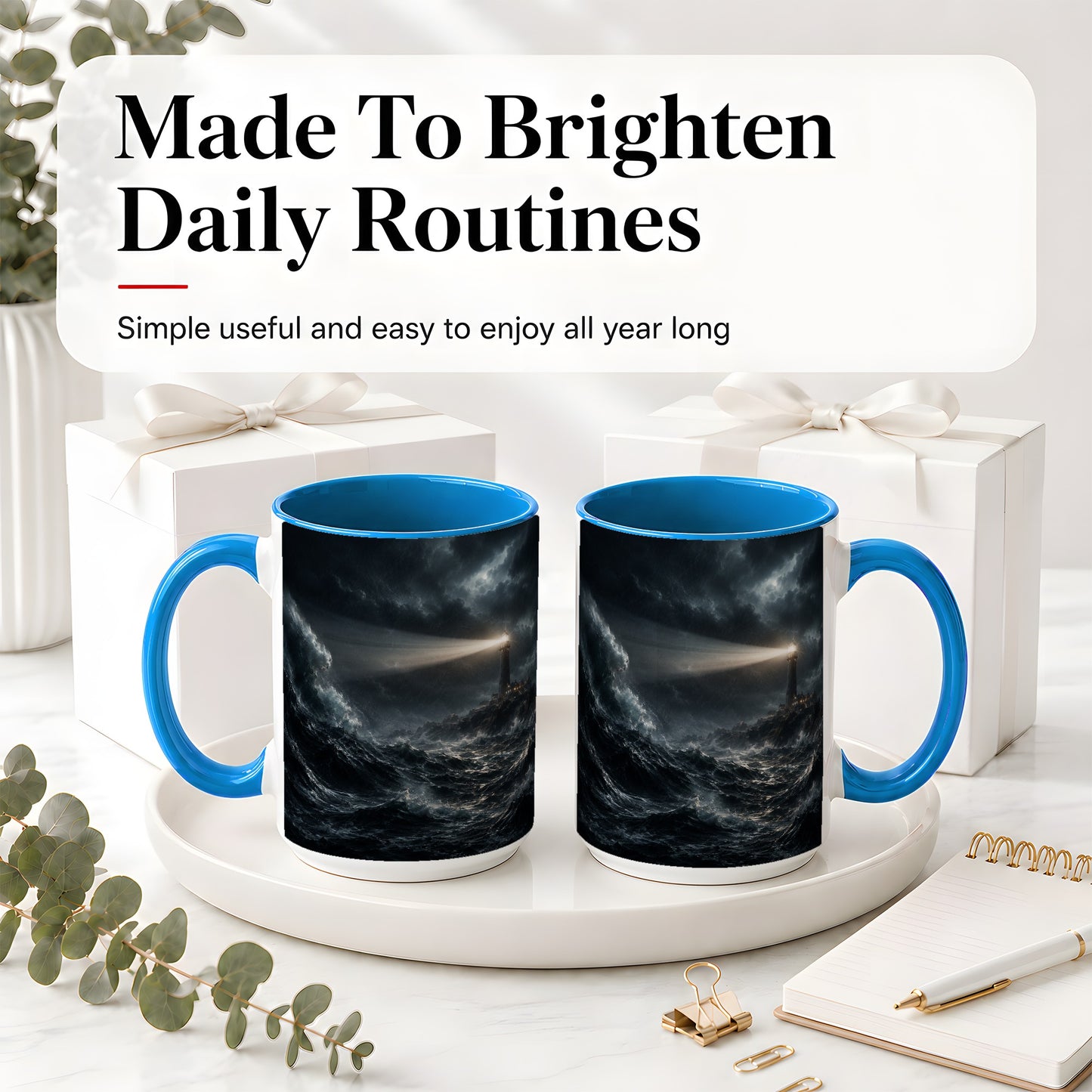 #pl[15oz|Blue] Storm Lighthouse Ceramic Mug, Dramatic Ocean Night Art