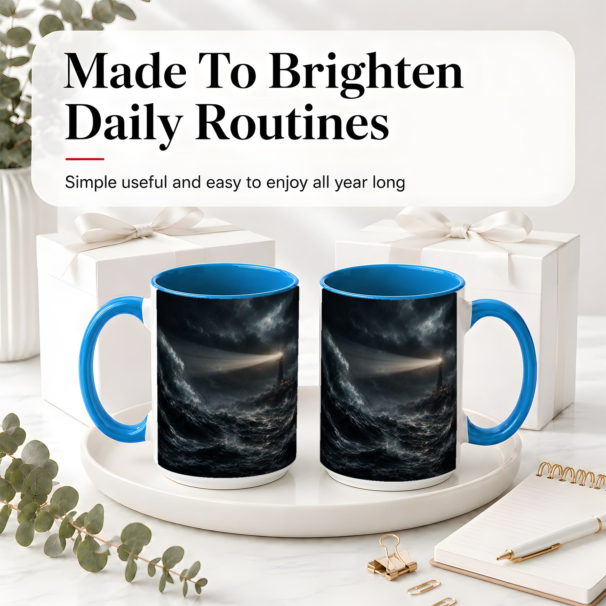 #pl[15oz|Blue] Storm Lighthouse Ceramic Mug, Dramatic Ocean Night Art
