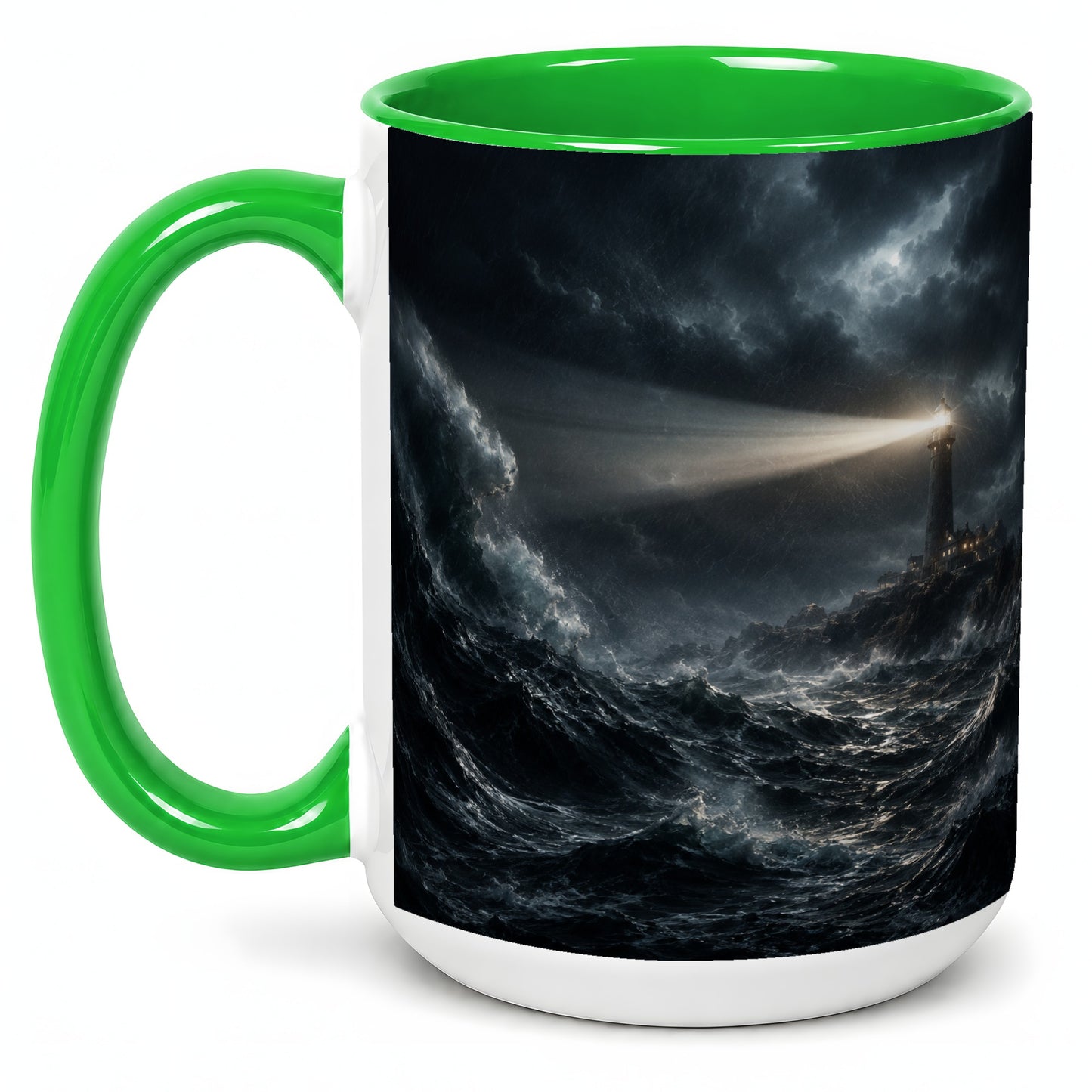 #pl[15oz|Green] Storm Lighthouse Ceramic Mug, Dramatic Ocean Night Art