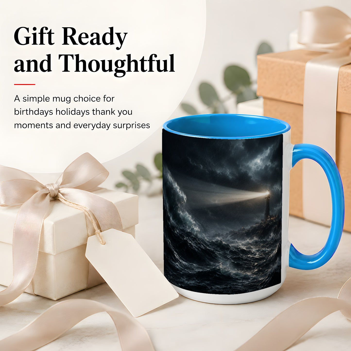 #pl[15oz|Blue] Storm Lighthouse Ceramic Mug, Dramatic Ocean Night Art