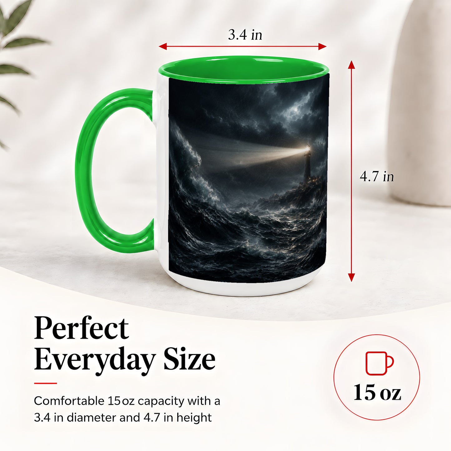 #pl[15oz|Green] Storm Lighthouse Ceramic Mug, Dramatic Ocean Night Art