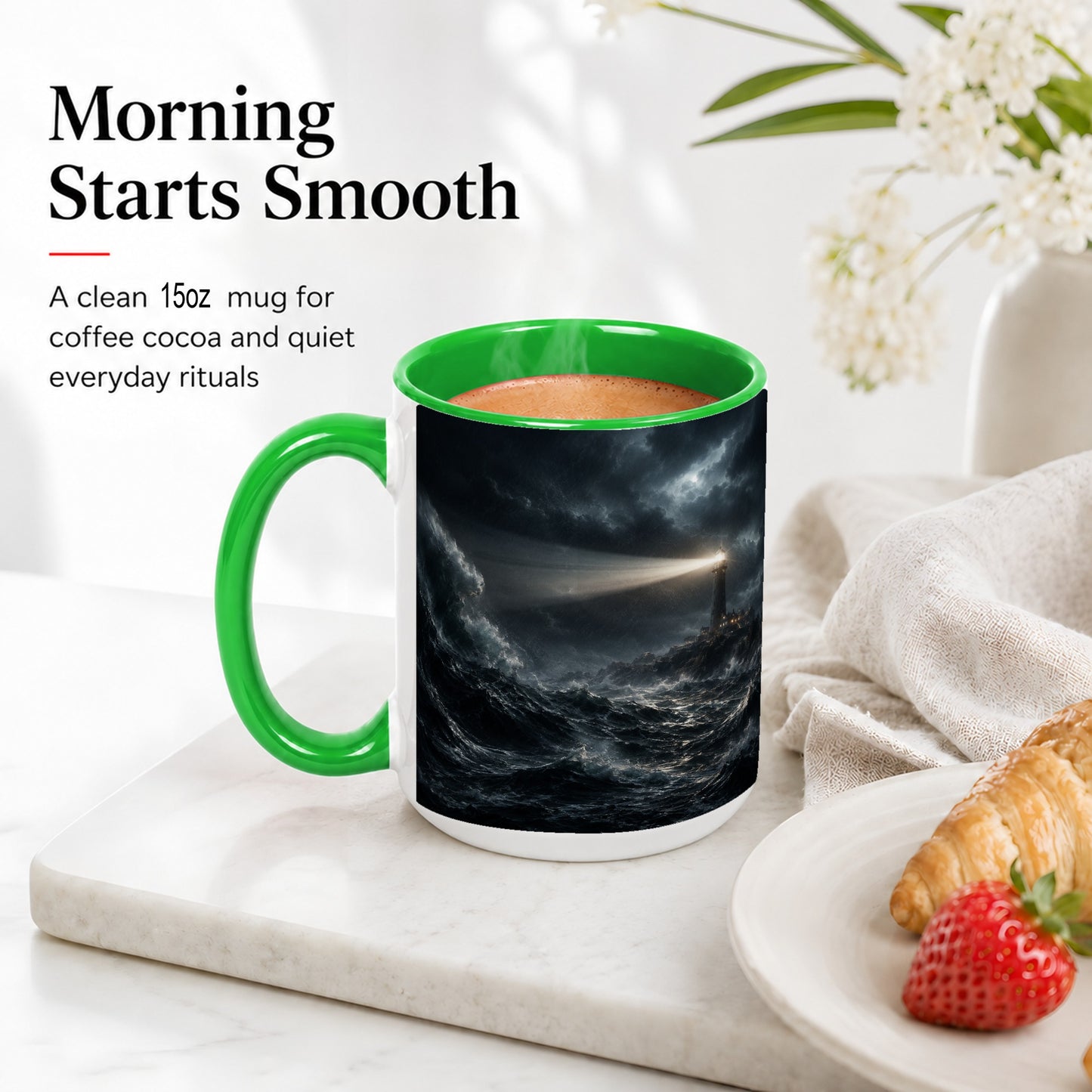 #pl[15oz|Green] Storm Lighthouse Ceramic Mug, Dramatic Ocean Night Art