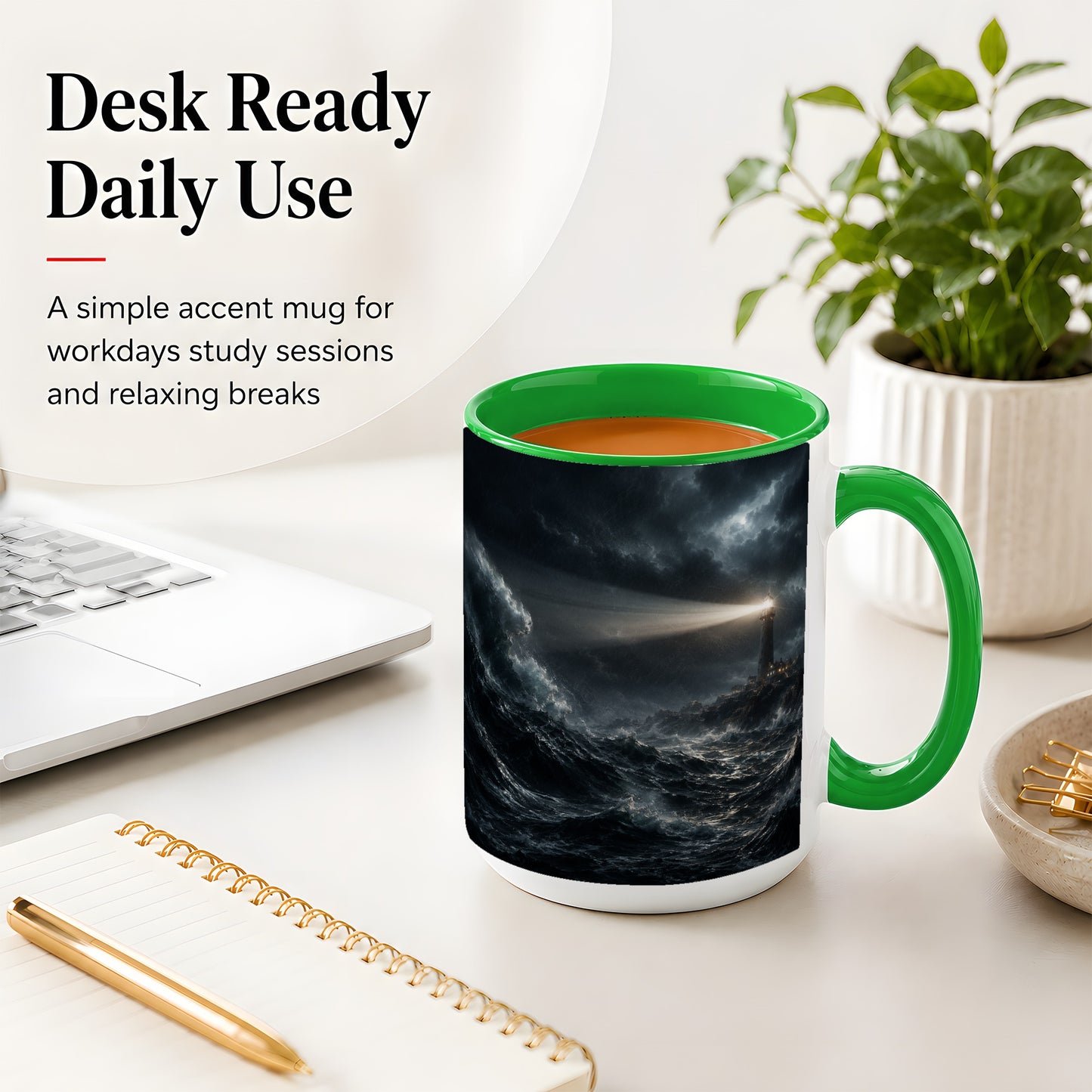 #pl[15oz|Green] Storm Lighthouse Ceramic Mug, Dramatic Ocean Night Art