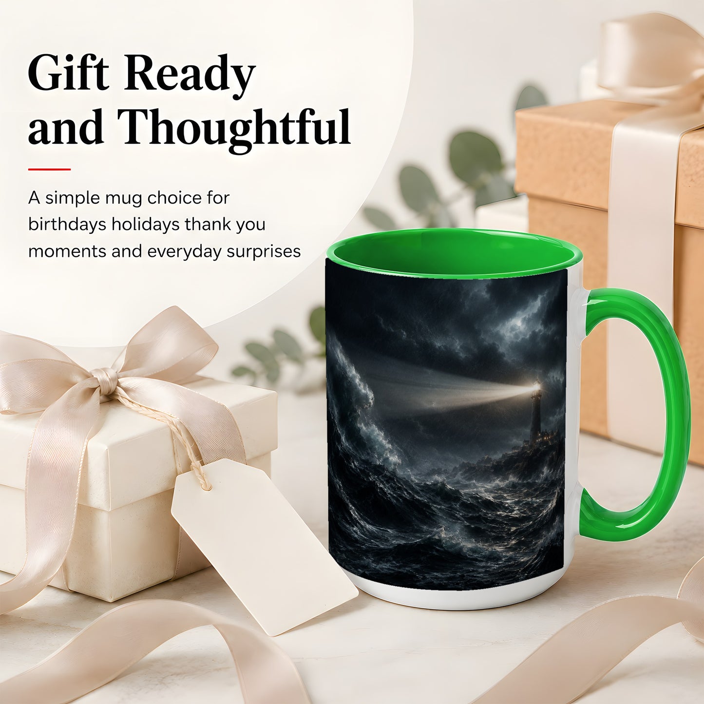 #pl[15oz|Green] Storm Lighthouse Ceramic Mug, Dramatic Ocean Night Art