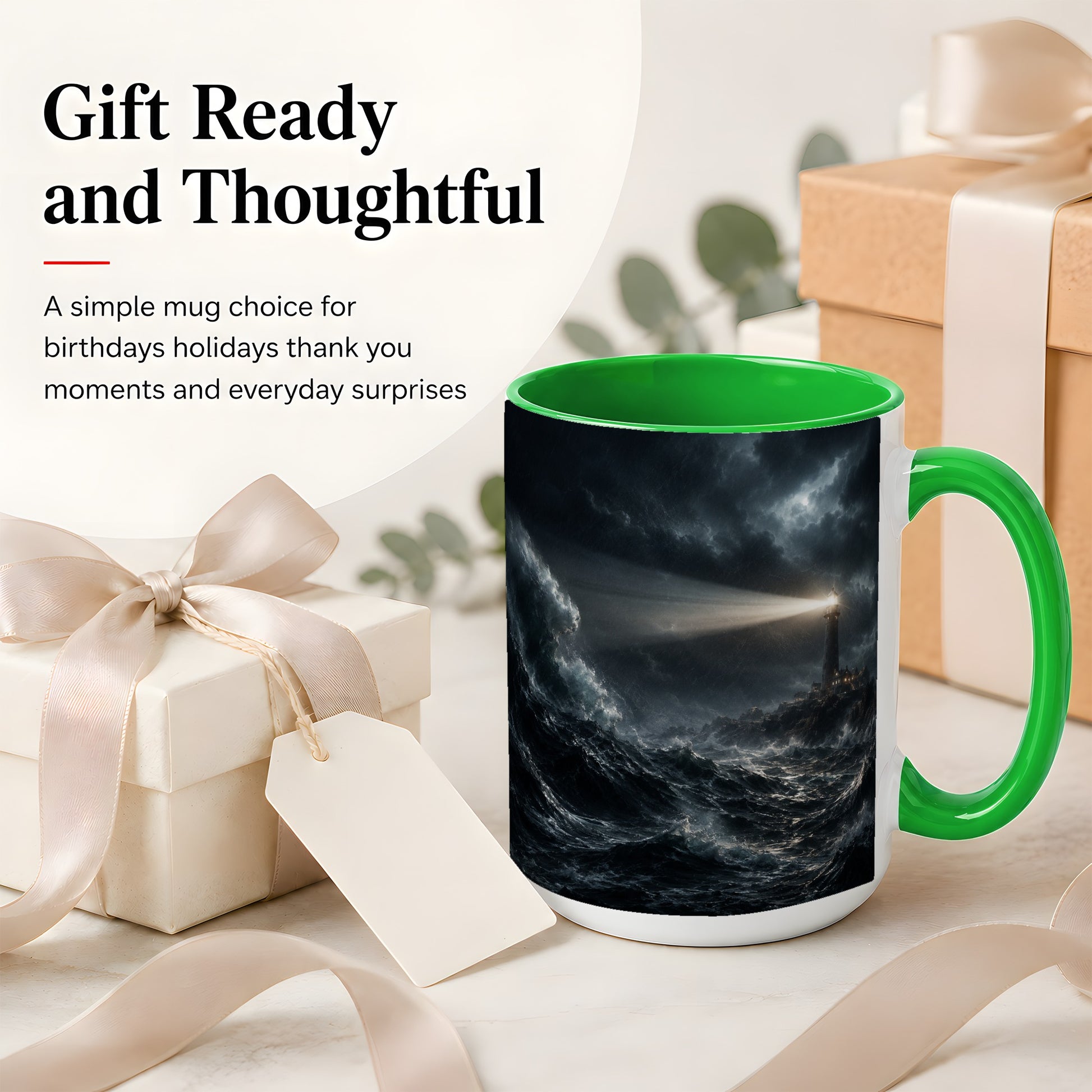 #pl[15oz|Green] Storm Lighthouse Ceramic Mug, Dramatic Ocean Night Art