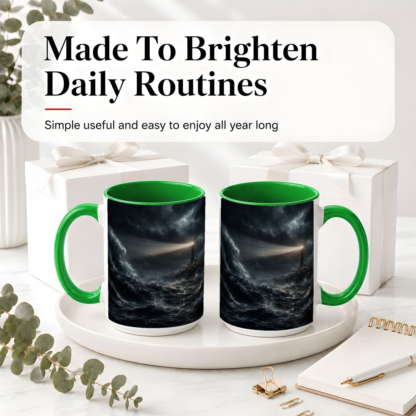 #pl[15oz|Green] Storm Lighthouse Ceramic Mug, Dramatic Ocean Night Art