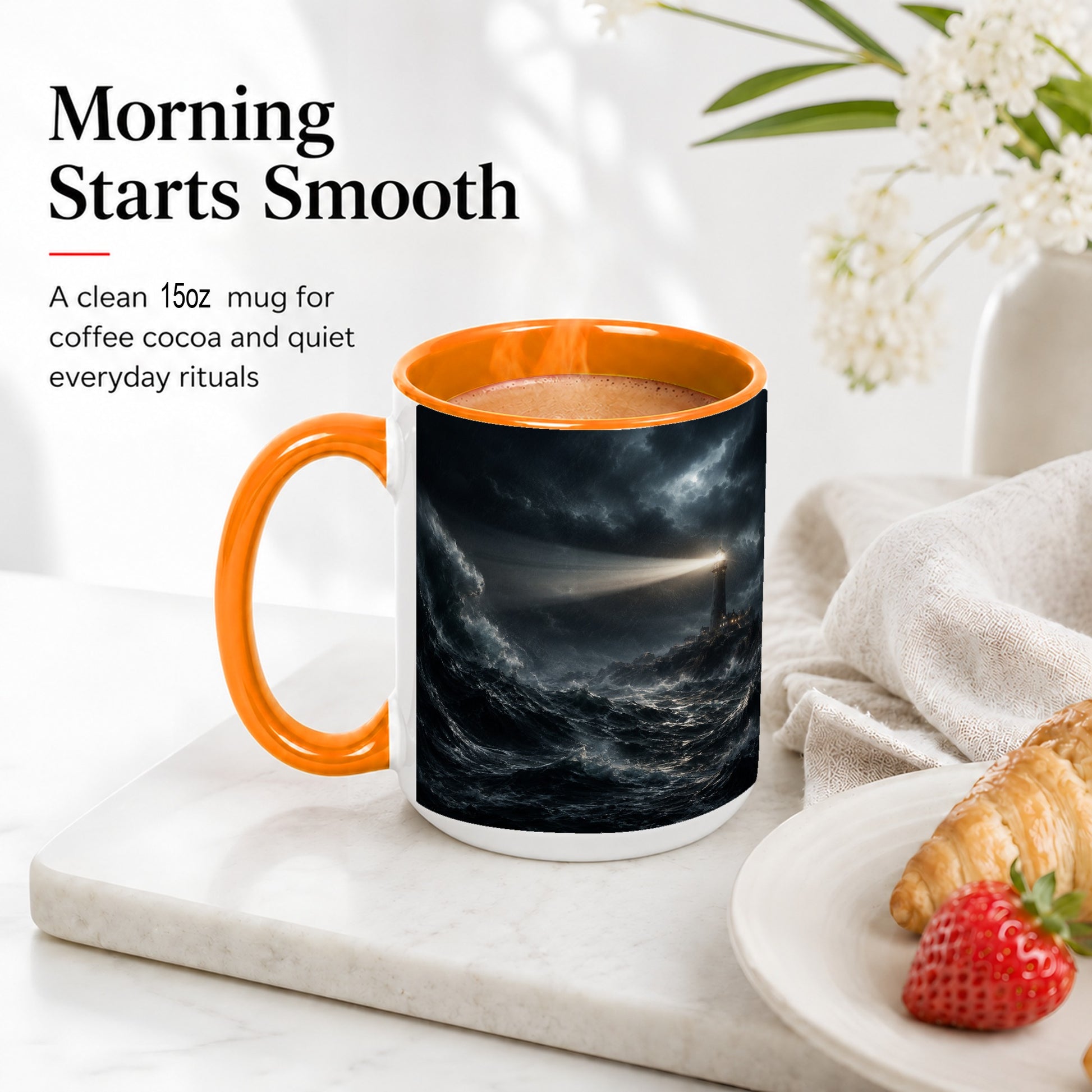 #pl[15oz|Orange] Storm Lighthouse Ceramic Mug, Dramatic Ocean Night Art
