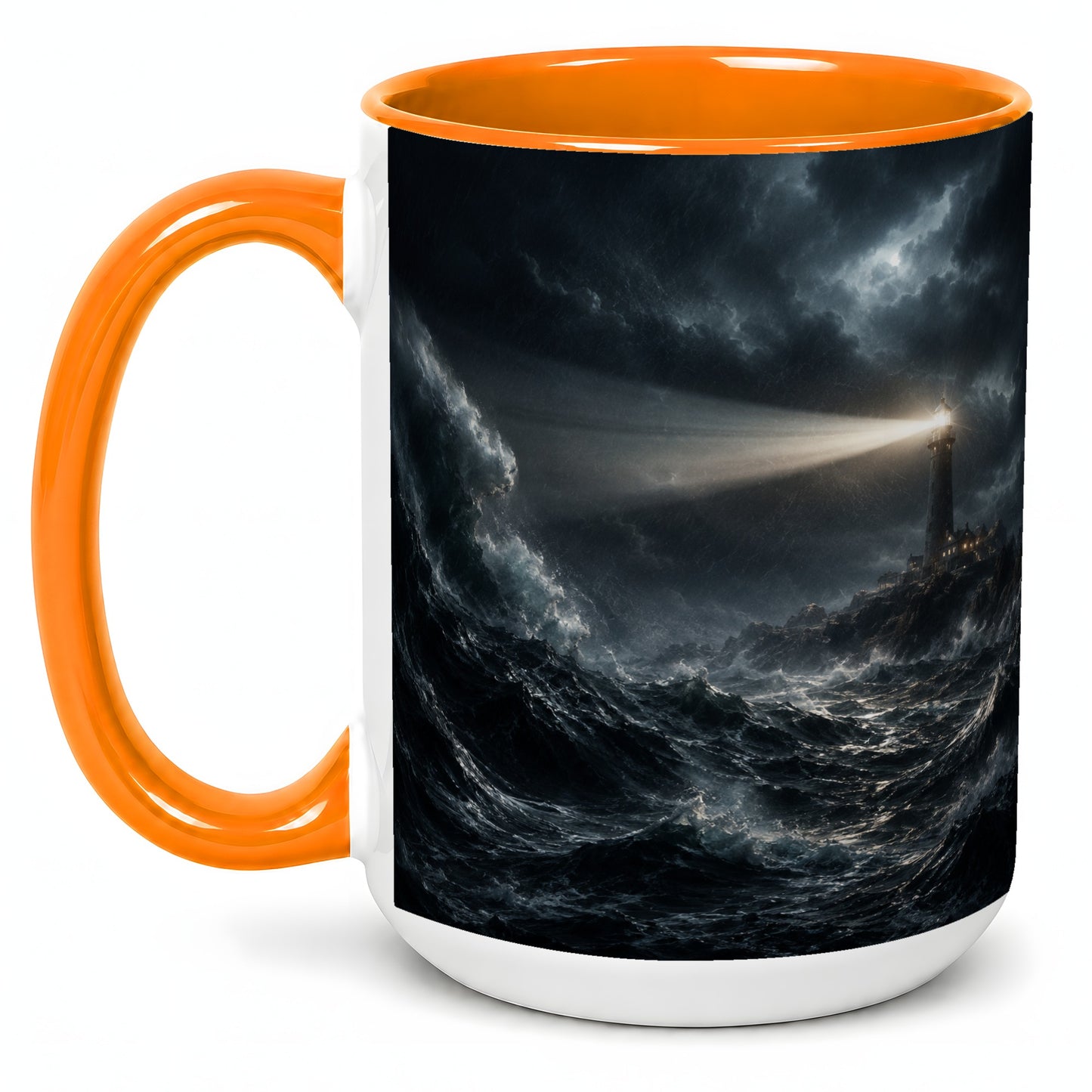 #pl[15oz|Orange] Storm Lighthouse Ceramic Mug, Dramatic Ocean Night Art
