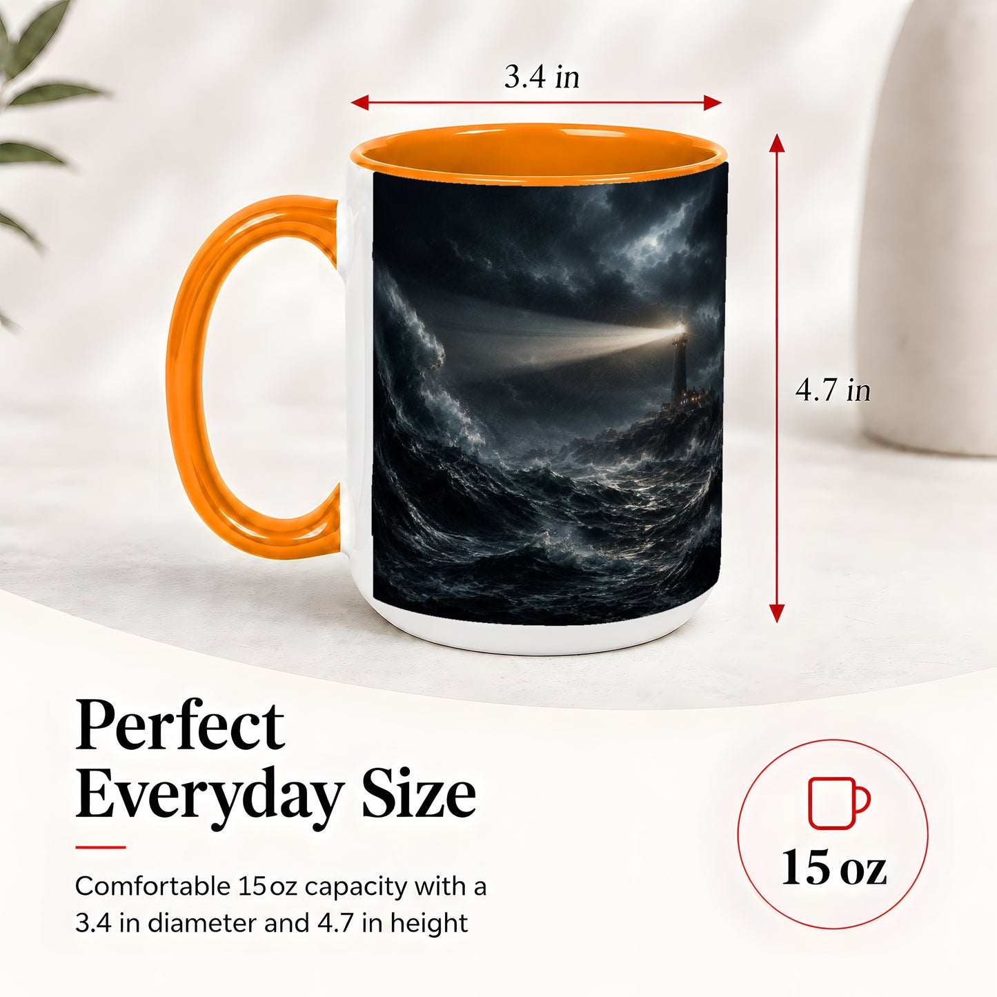 #pl[15oz|Orange] Storm Lighthouse Ceramic Mug, Dramatic Ocean Night Art