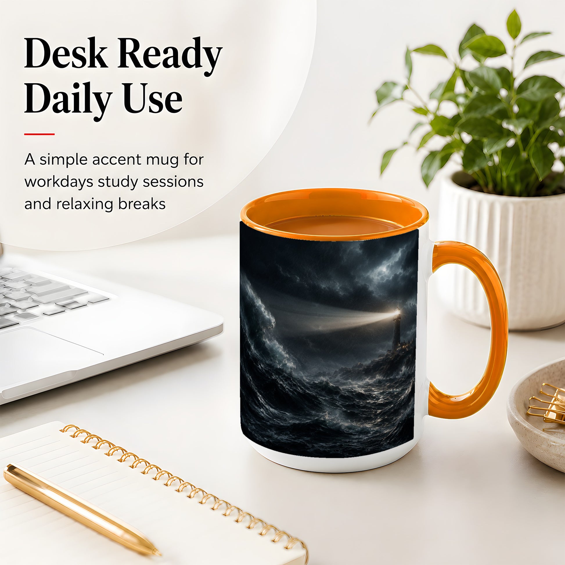 #pl[15oz|Orange] Storm Lighthouse Ceramic Mug, Dramatic Ocean Night Art