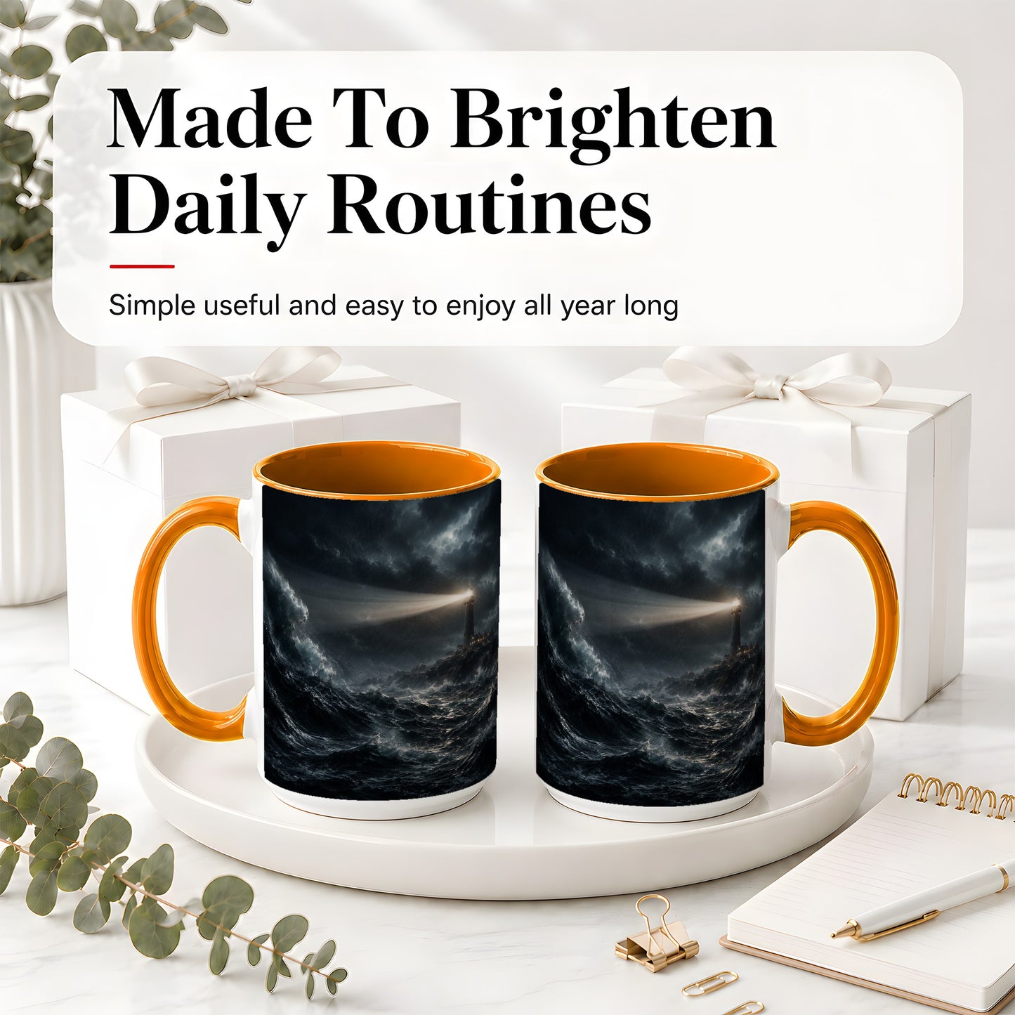 #pl[15oz|Orange] Storm Lighthouse Ceramic Mug, Dramatic Ocean Night Art