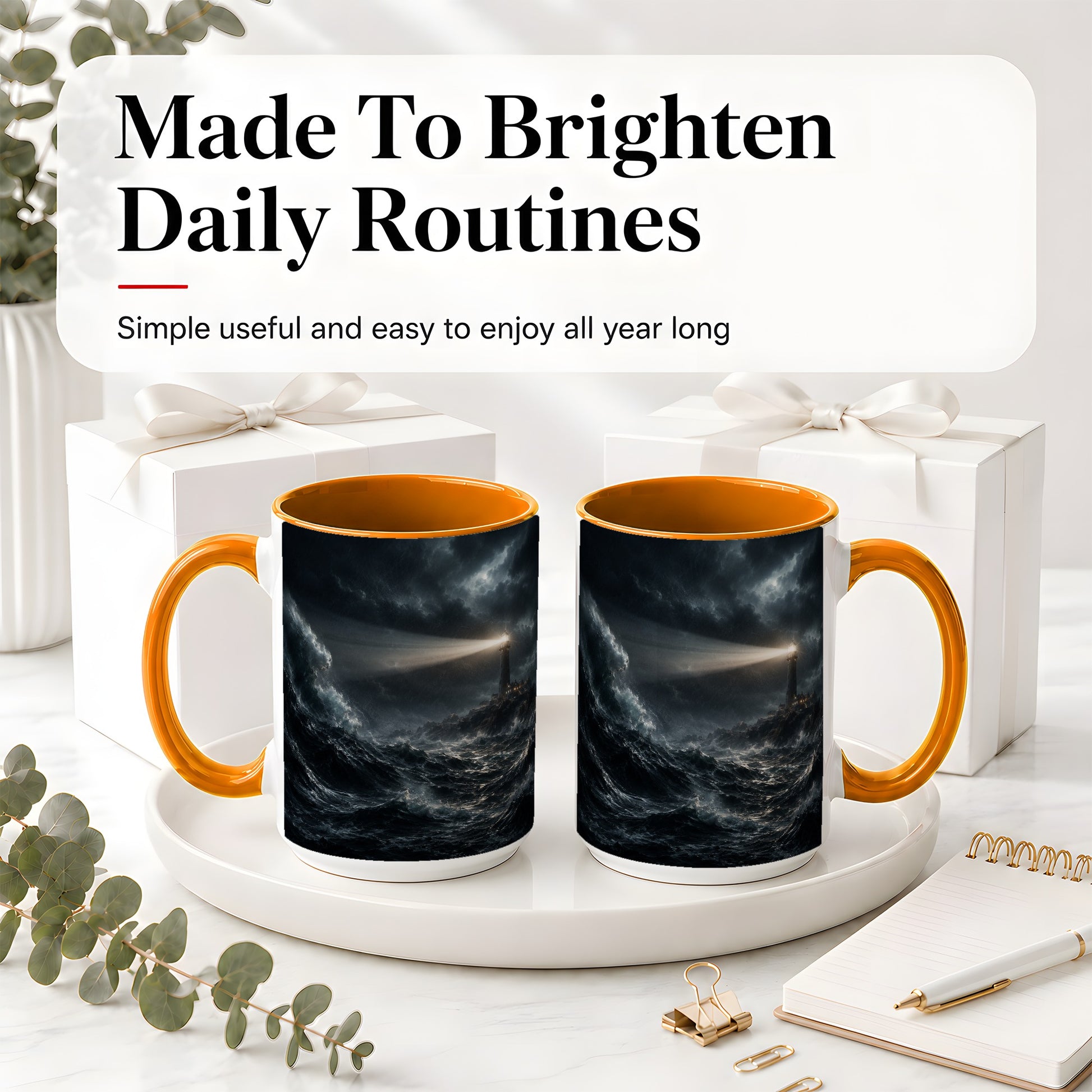 #pl[15oz|Orange] Storm Lighthouse Ceramic Mug, Dramatic Ocean Night Art