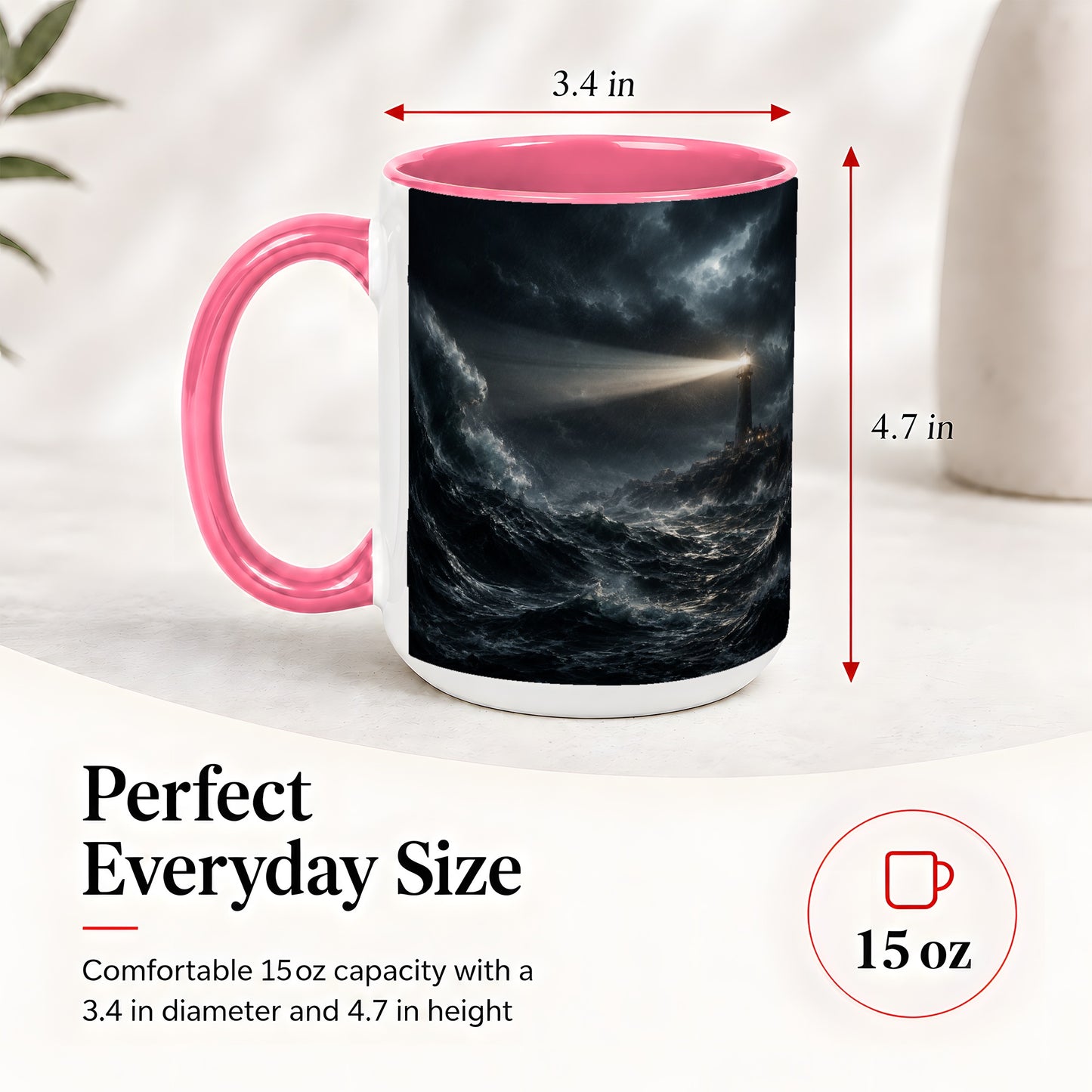 #pl[15oz|Pink] Storm Lighthouse Ceramic Mug, Dramatic Ocean Night Art