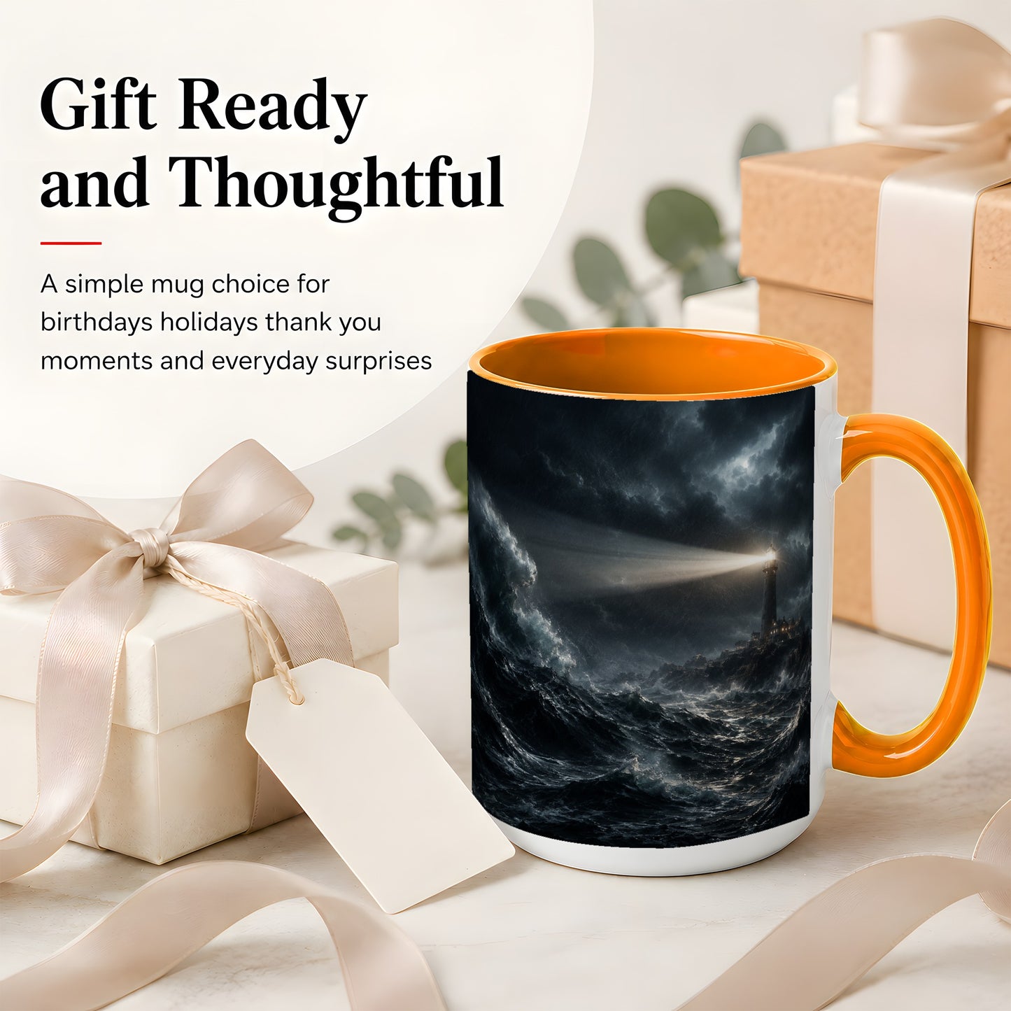 #pl[15oz|Orange] Storm Lighthouse Ceramic Mug, Dramatic Ocean Night Art