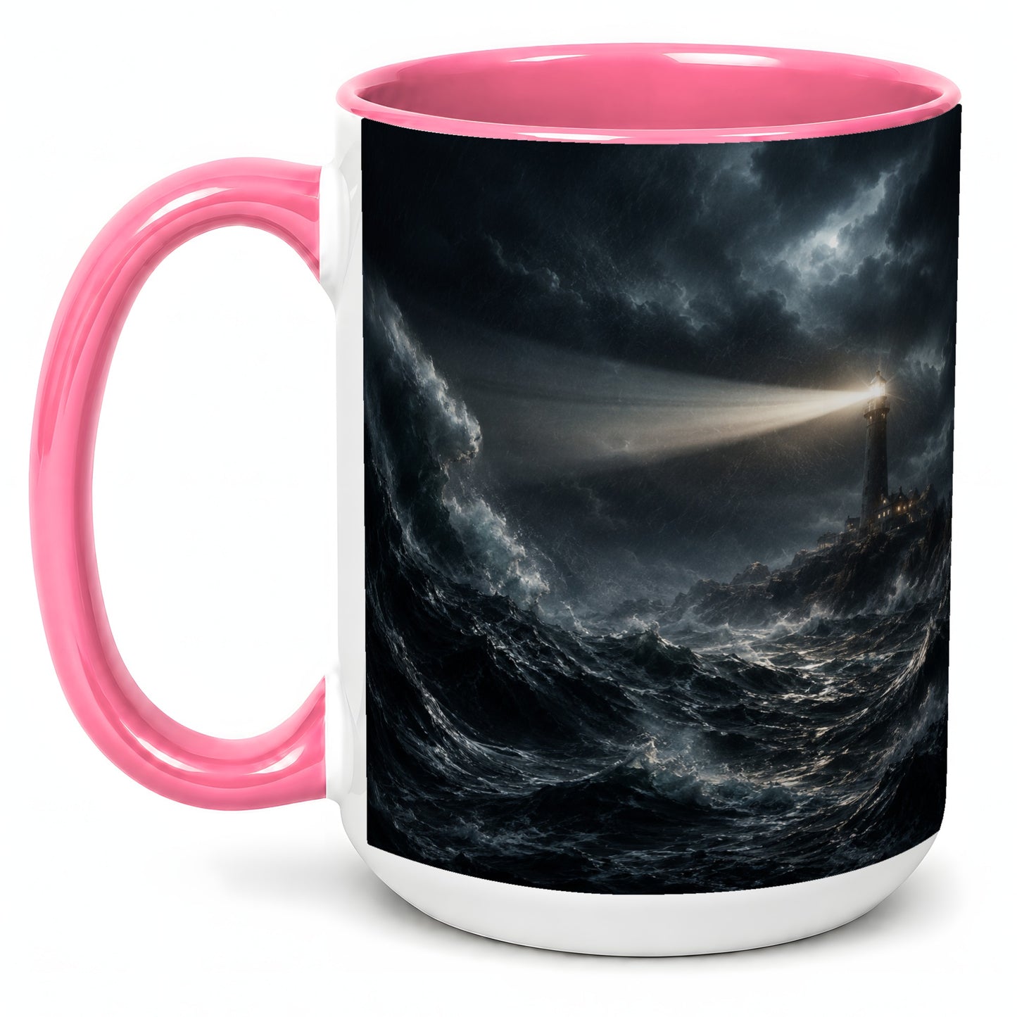 #pl[15oz|Pink] Storm Lighthouse Ceramic Mug, Dramatic Ocean Night Art