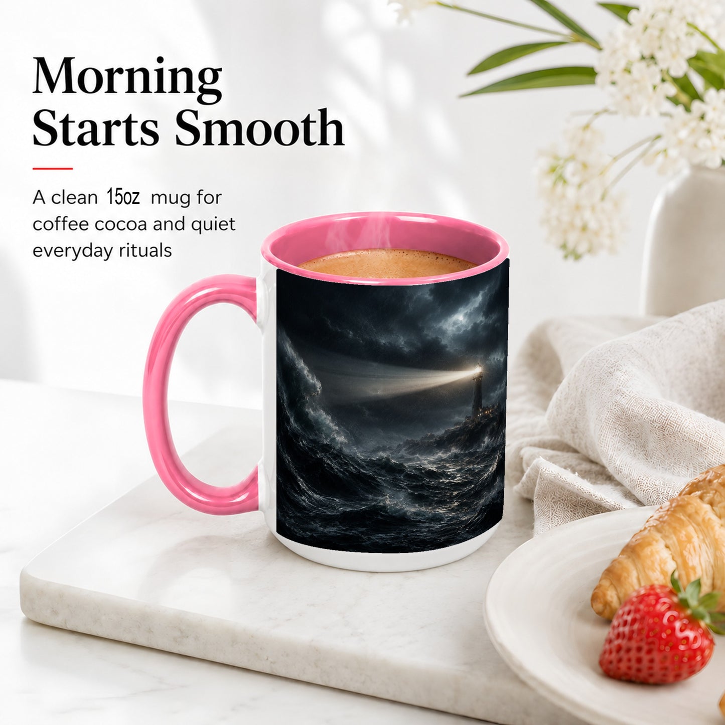#pl[15oz|Pink] Storm Lighthouse Ceramic Mug, Dramatic Ocean Night Art