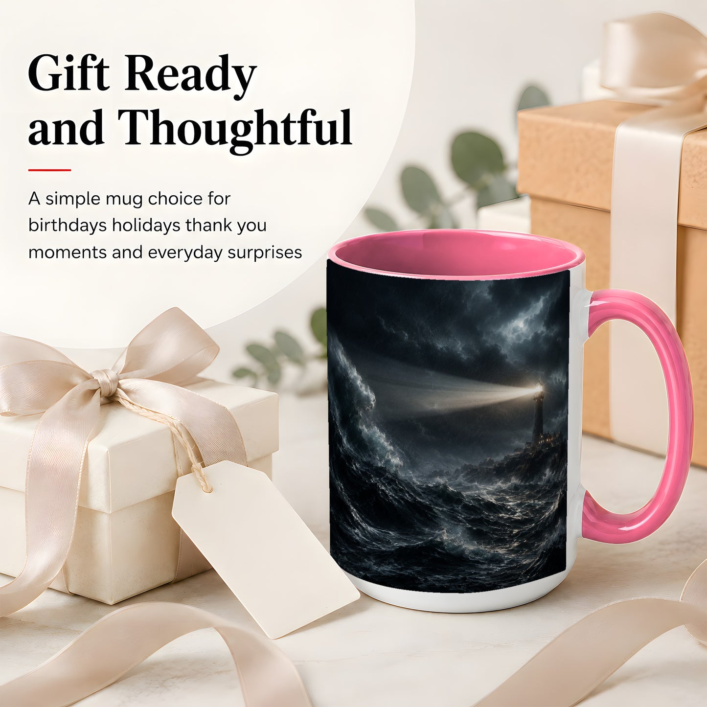 #pl[15oz|Pink] Storm Lighthouse Ceramic Mug, Dramatic Ocean Night Art