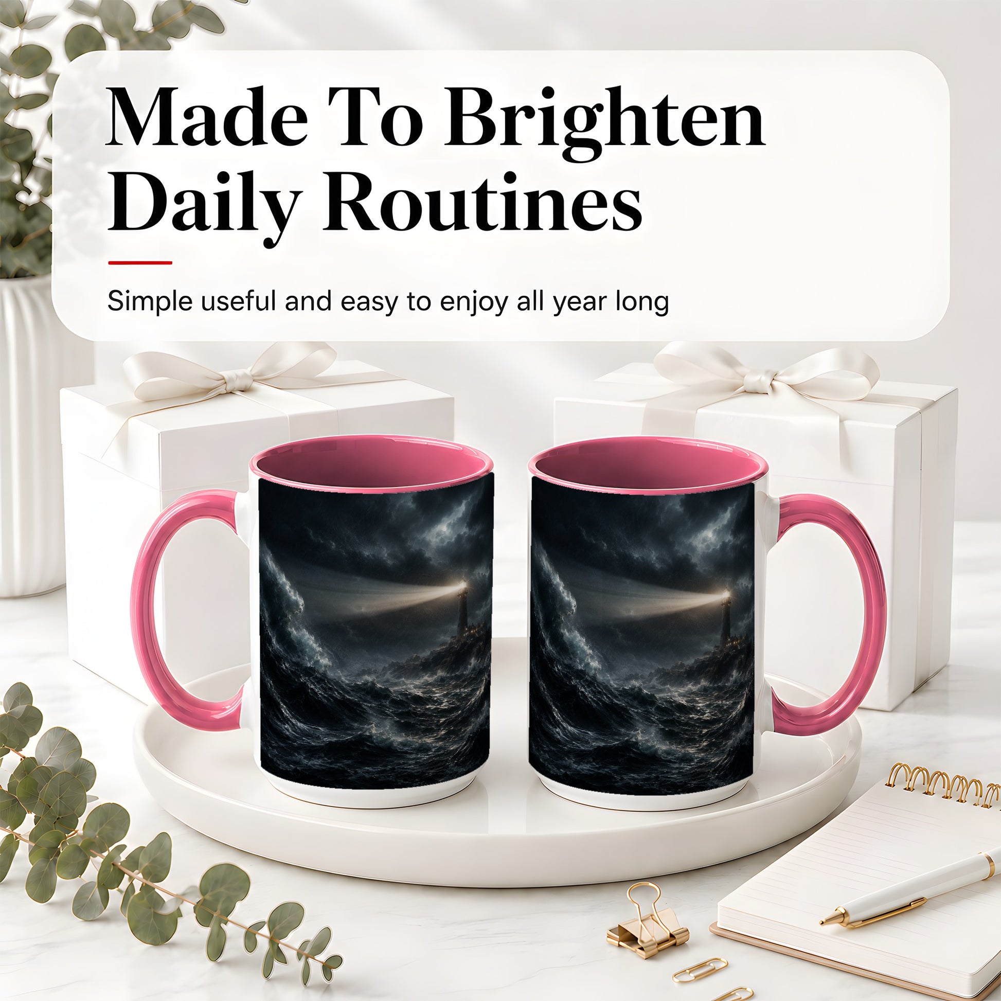 #pl[15oz|Pink] Storm Lighthouse Ceramic Mug, Dramatic Ocean Night Art