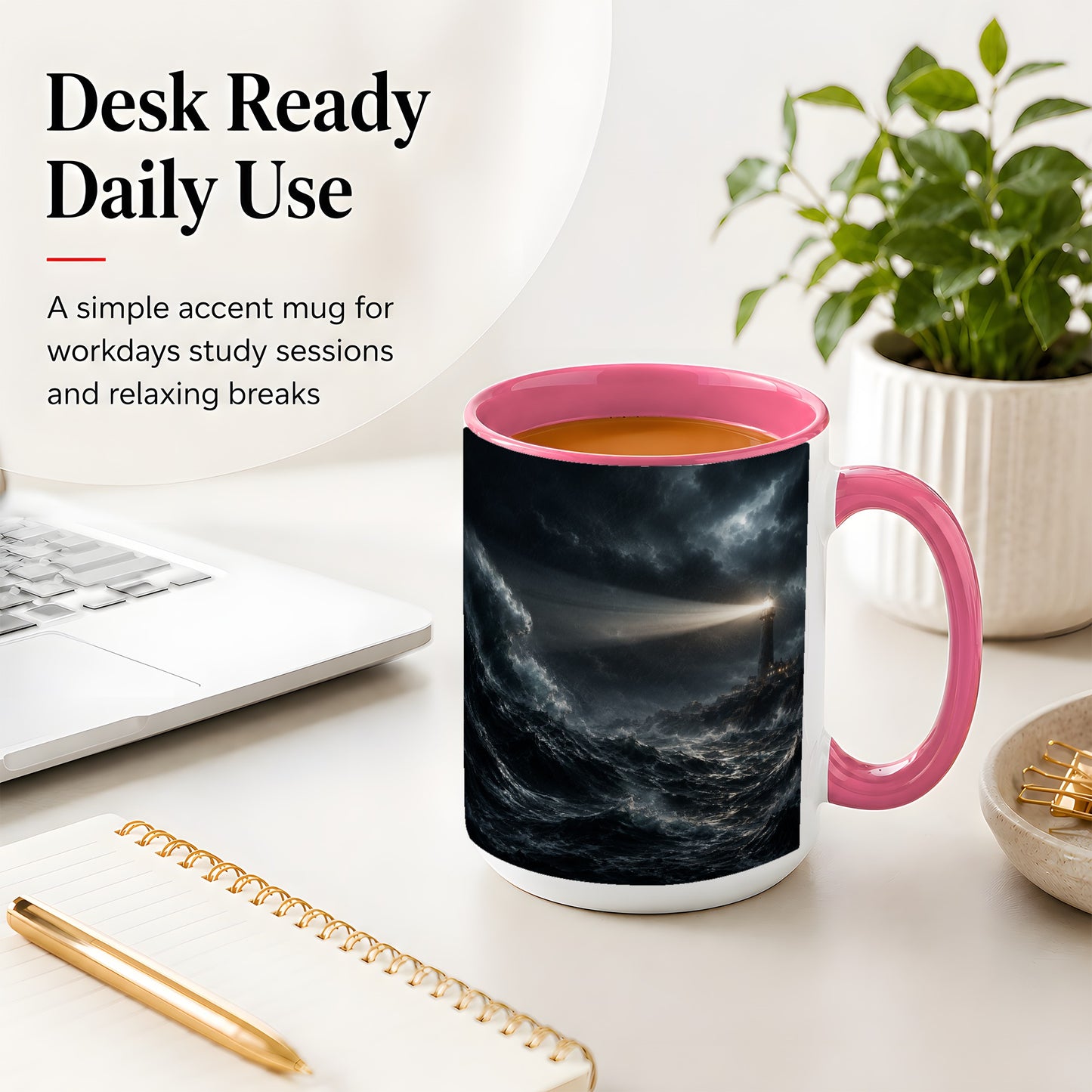 #pl[15oz|Pink] Storm Lighthouse Ceramic Mug, Dramatic Ocean Night Art