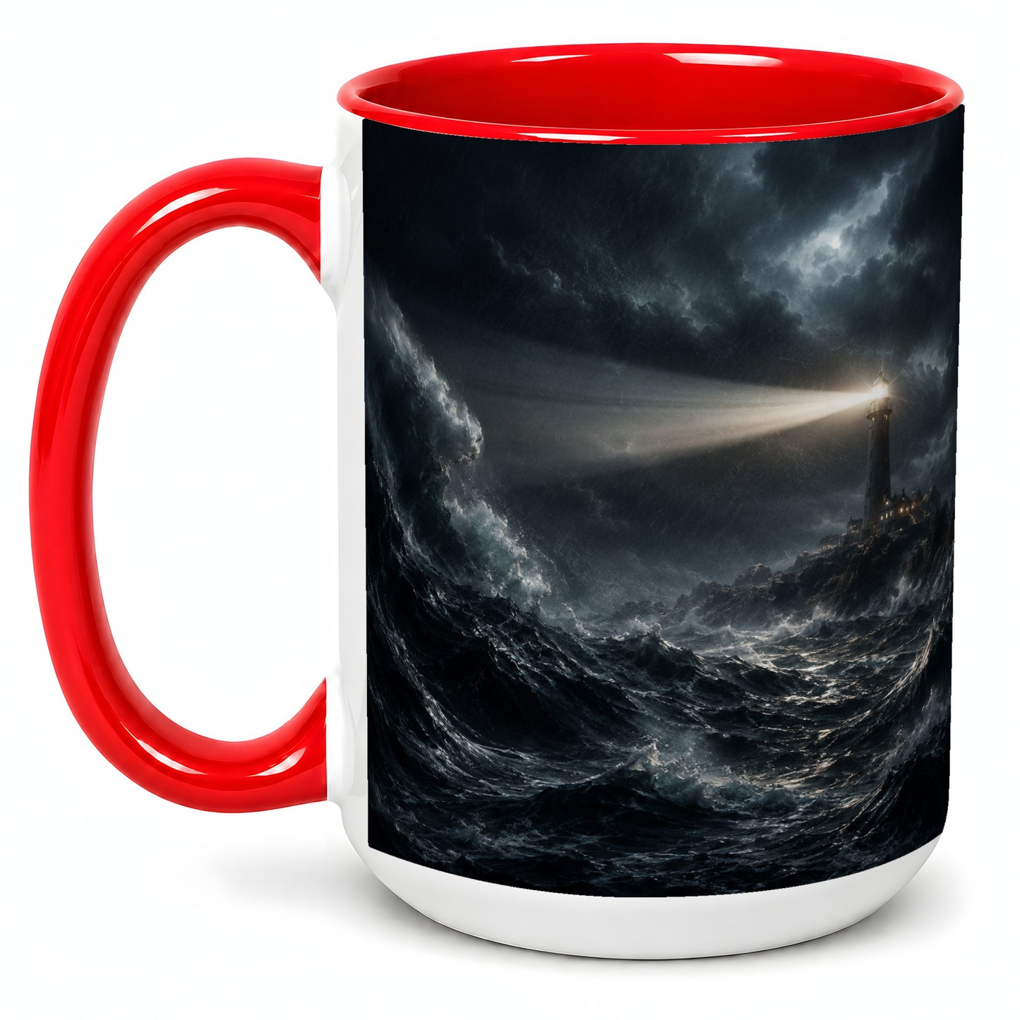 #pl[15oz|Red] Storm Lighthouse Ceramic Mug, Dramatic Ocean Night Art