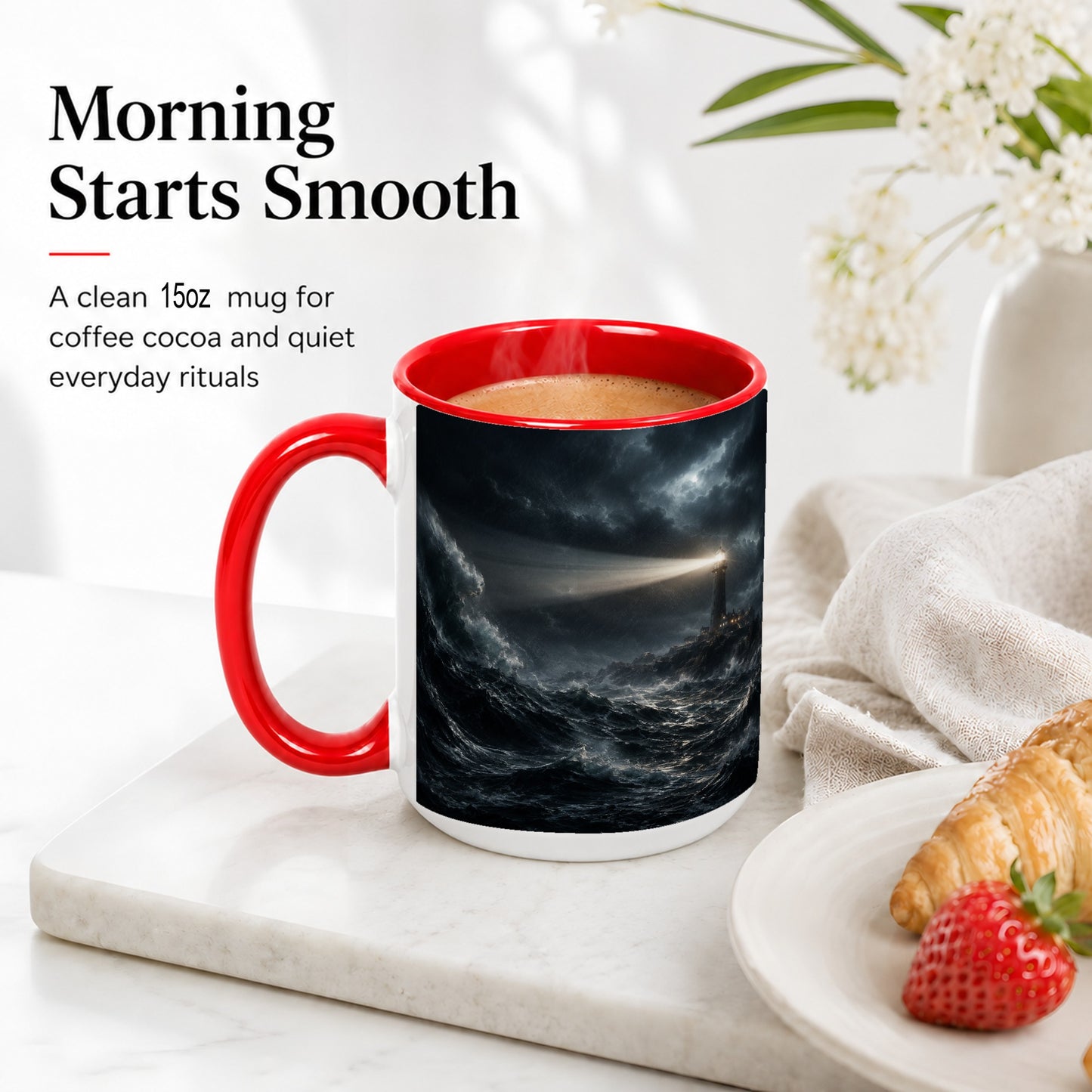 #pl[15oz|Red] Storm Lighthouse Ceramic Mug, Dramatic Ocean Night Art