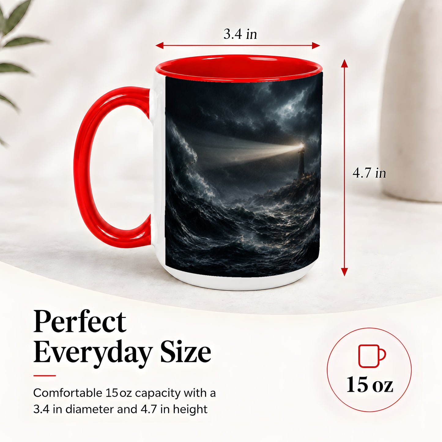 #pl[15oz|Red] Storm Lighthouse Ceramic Mug, Dramatic Ocean Night Art