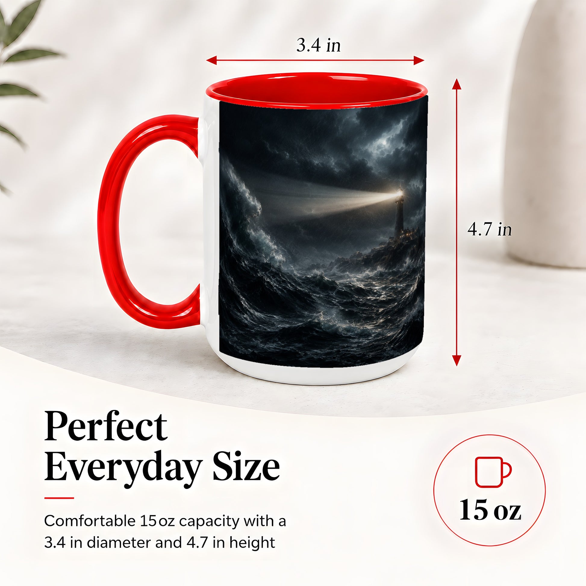 #pl[15oz|Red] Storm Lighthouse Ceramic Mug, Dramatic Ocean Night Art