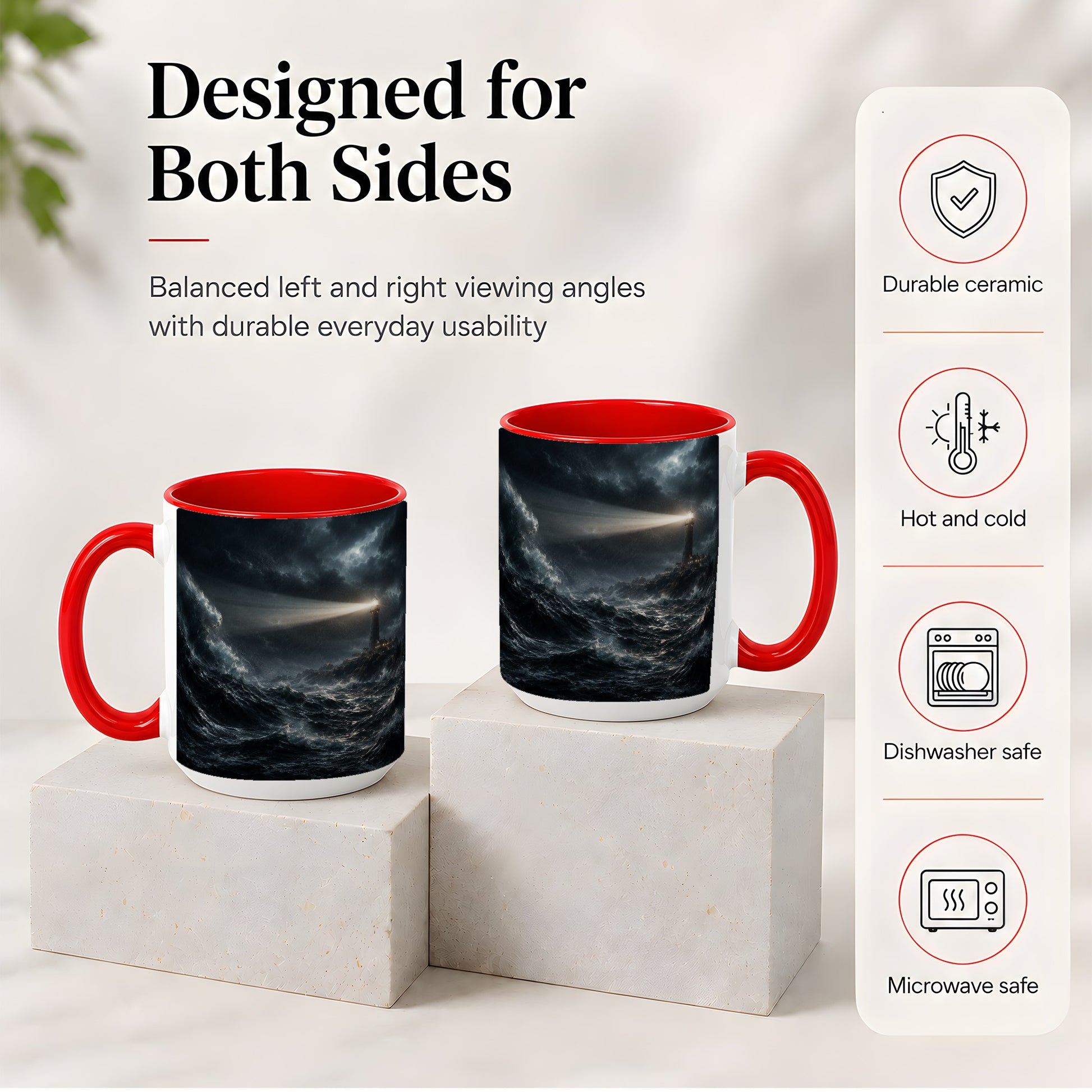 #pl[15oz|Red] Storm Lighthouse Ceramic Mug, Dramatic Ocean Night Art