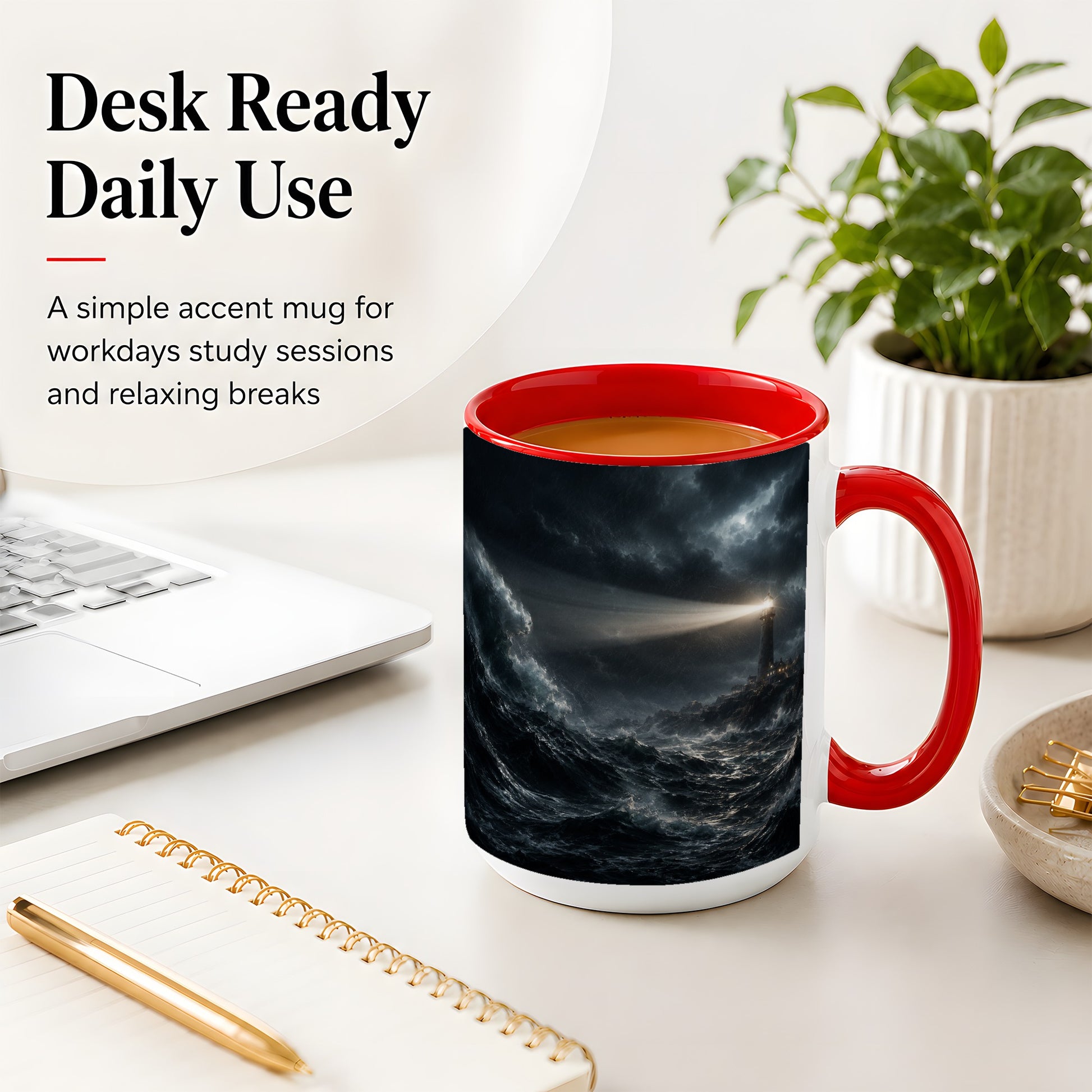 #pl[15oz|Red] Storm Lighthouse Ceramic Mug, Dramatic Ocean Night Art