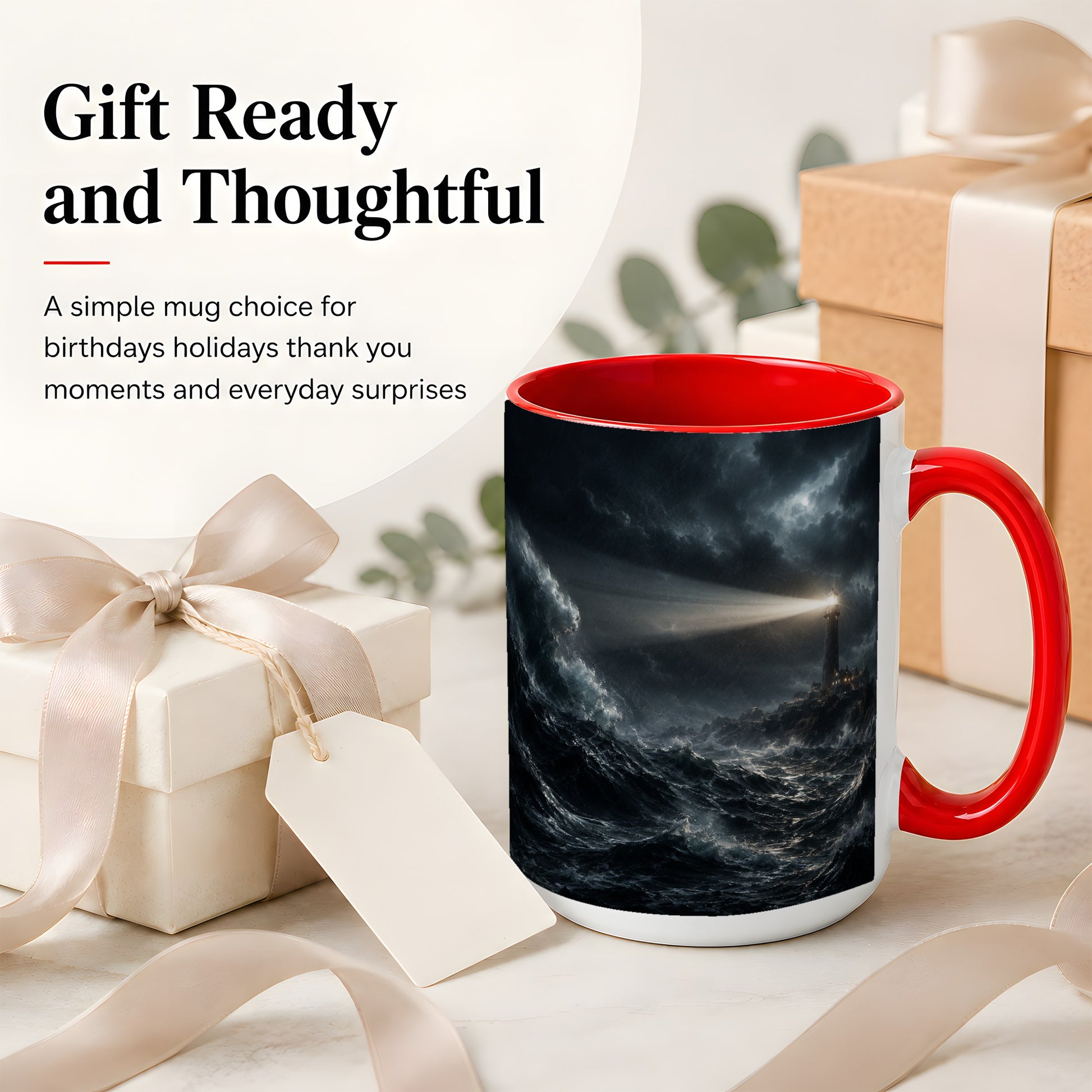 #pl[15oz|Red] Storm Lighthouse Ceramic Mug, Dramatic Ocean Night Art