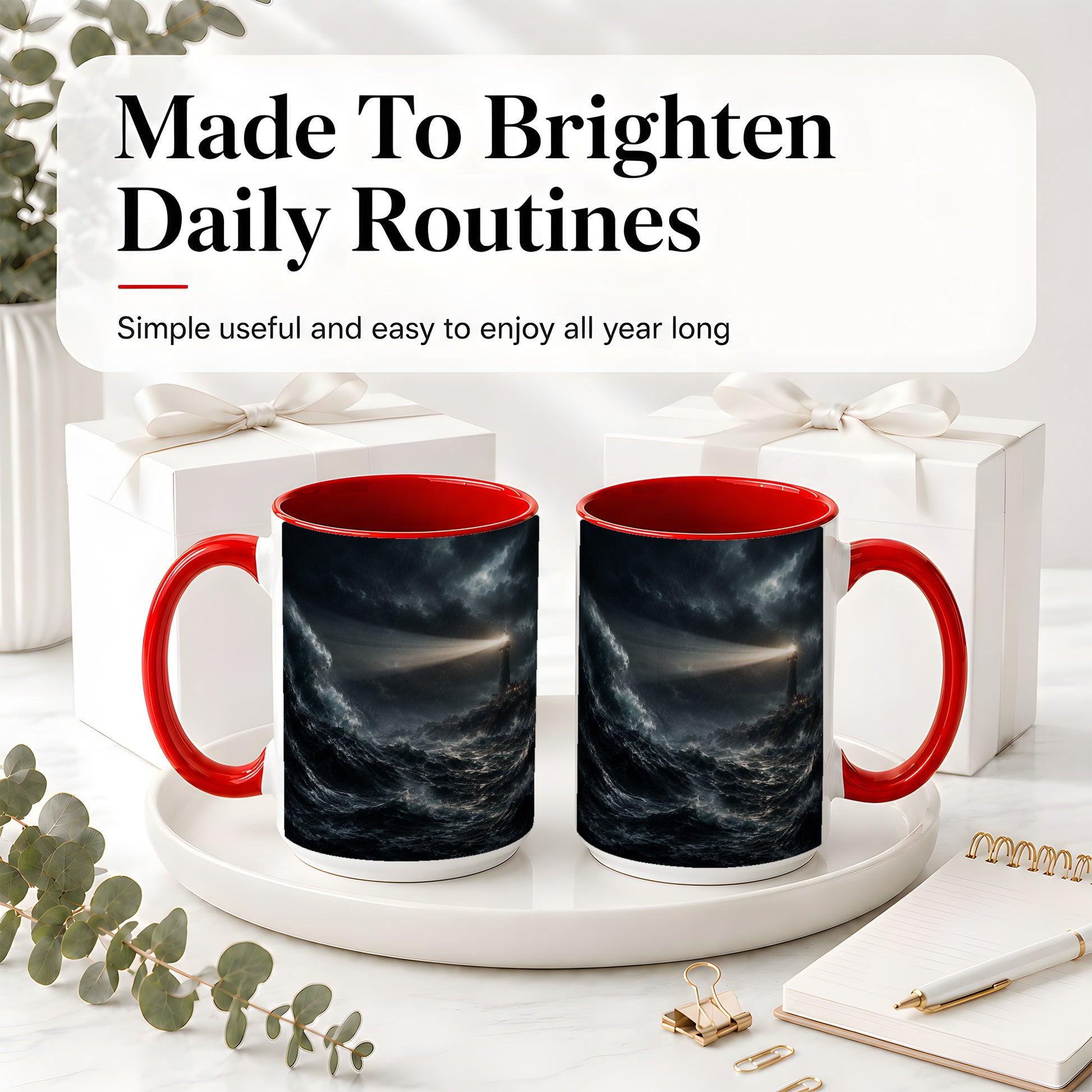 #pl[15oz|Red] Storm Lighthouse Ceramic Mug, Dramatic Ocean Night Art