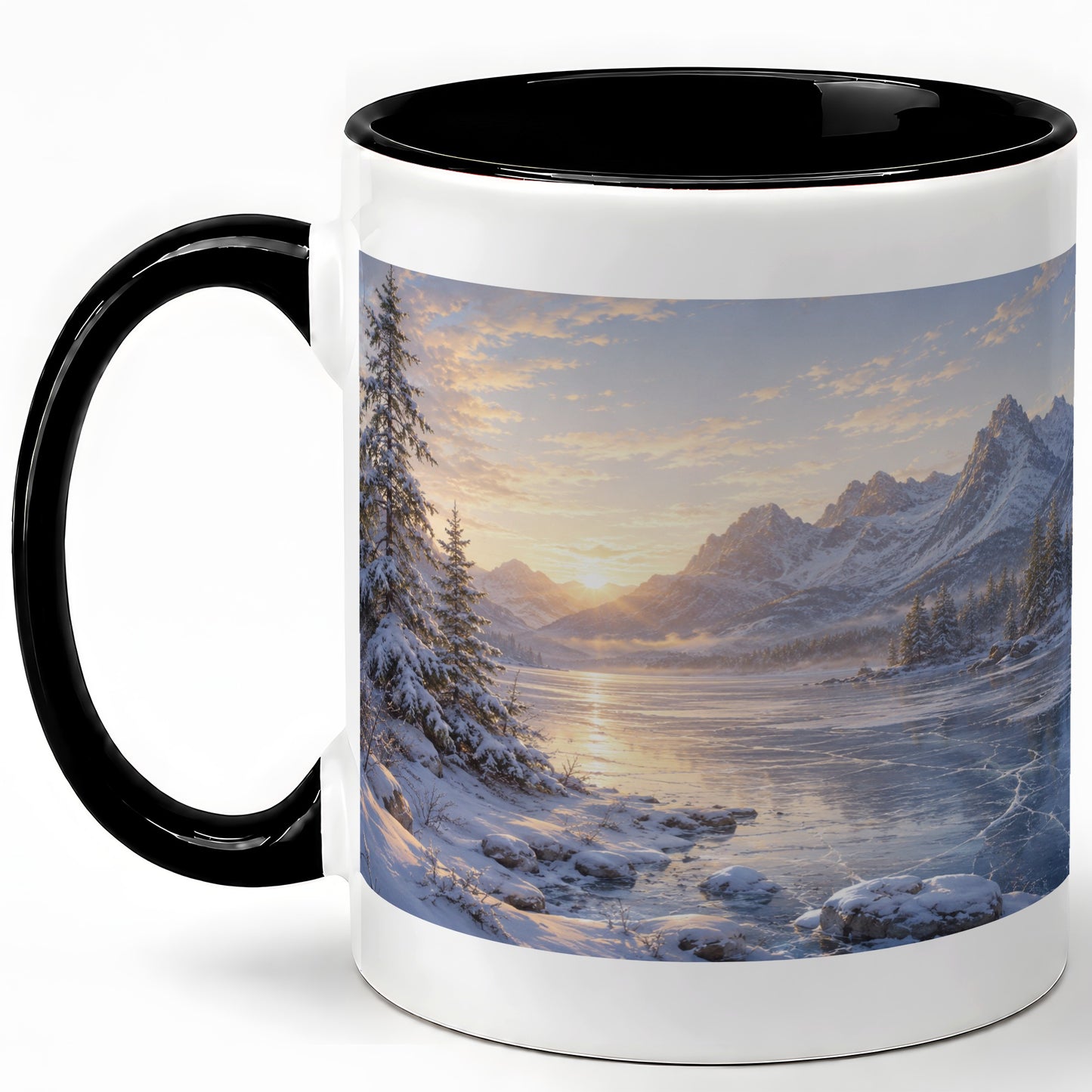 #pl[11oz|Black] Winter Mountain Sunrise Ceramic Mug, Frozen Lake Landscape