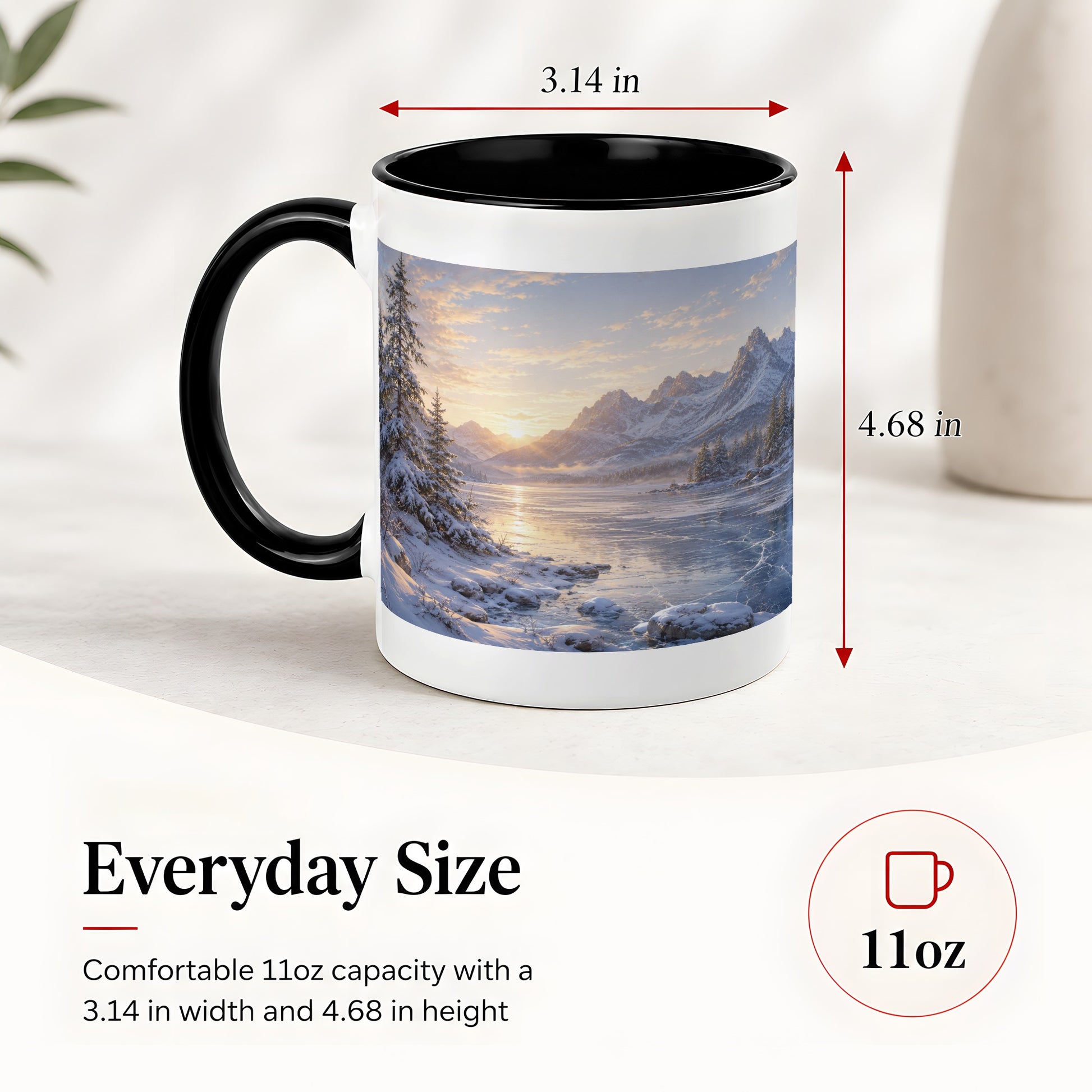#pl[11oz|Black] Winter Mountain Sunrise Ceramic Mug, Frozen Lake Landscape