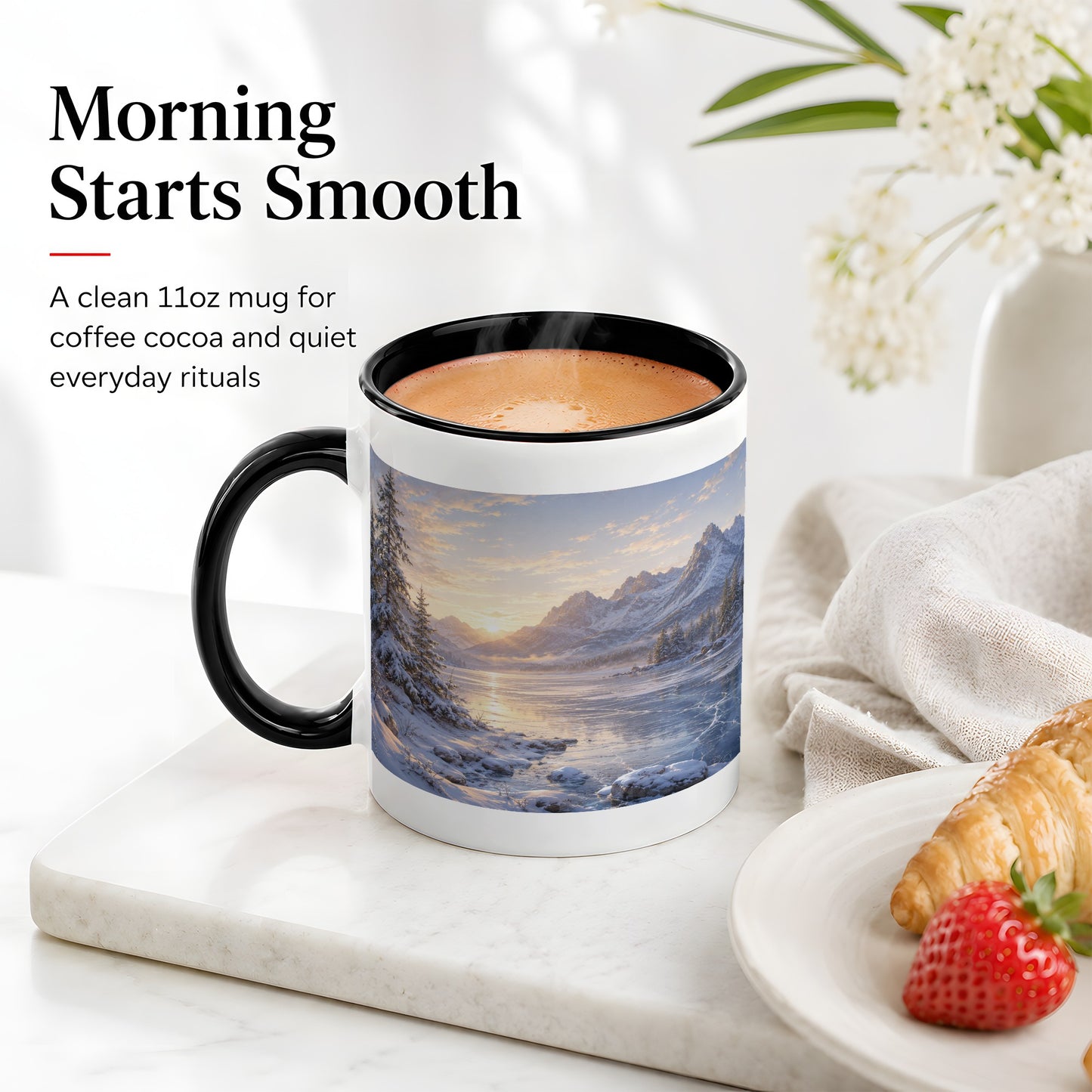 #pl[11oz|Black] Winter Mountain Sunrise Ceramic Mug, Frozen Lake Landscape