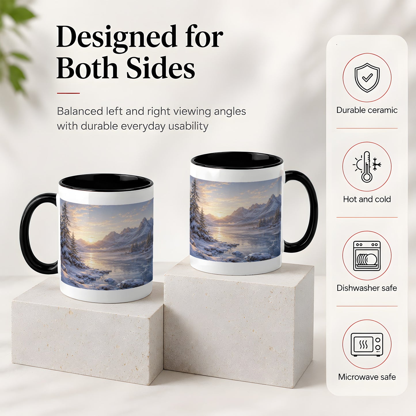 #pl[11oz|Black] Winter Mountain Sunrise Ceramic Mug, Frozen Lake Landscape