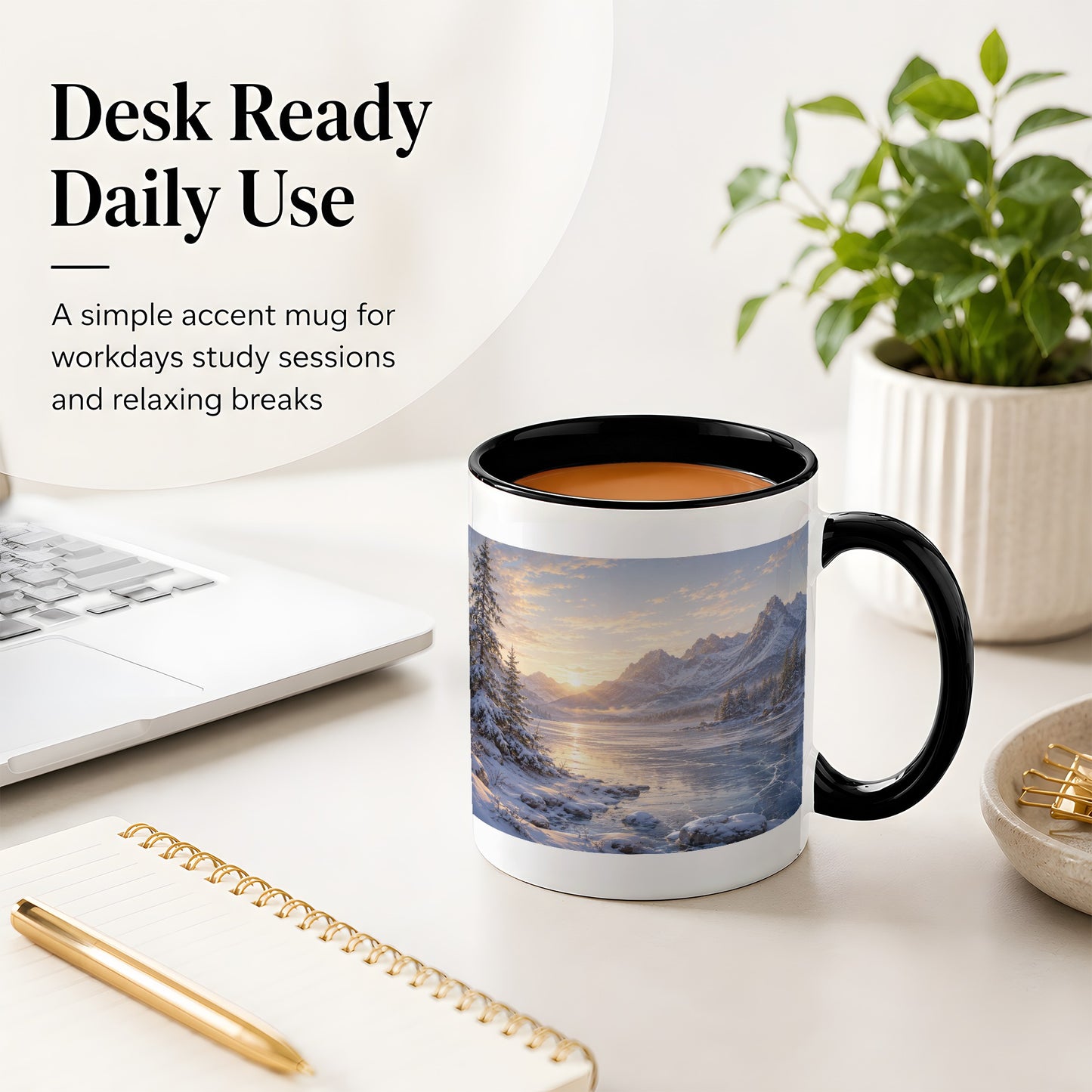 #pl[11oz|Black] Winter Mountain Sunrise Ceramic Mug, Frozen Lake Landscape