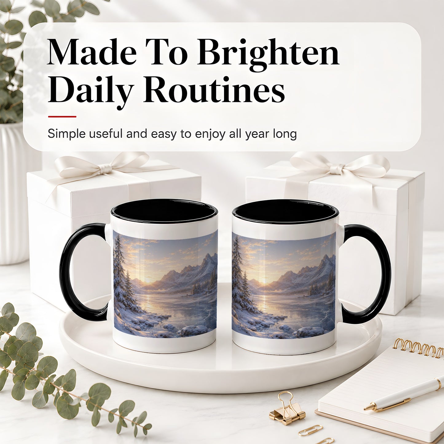 #pl[11oz|Black] Winter Mountain Sunrise Ceramic Mug, Frozen Lake Landscape
