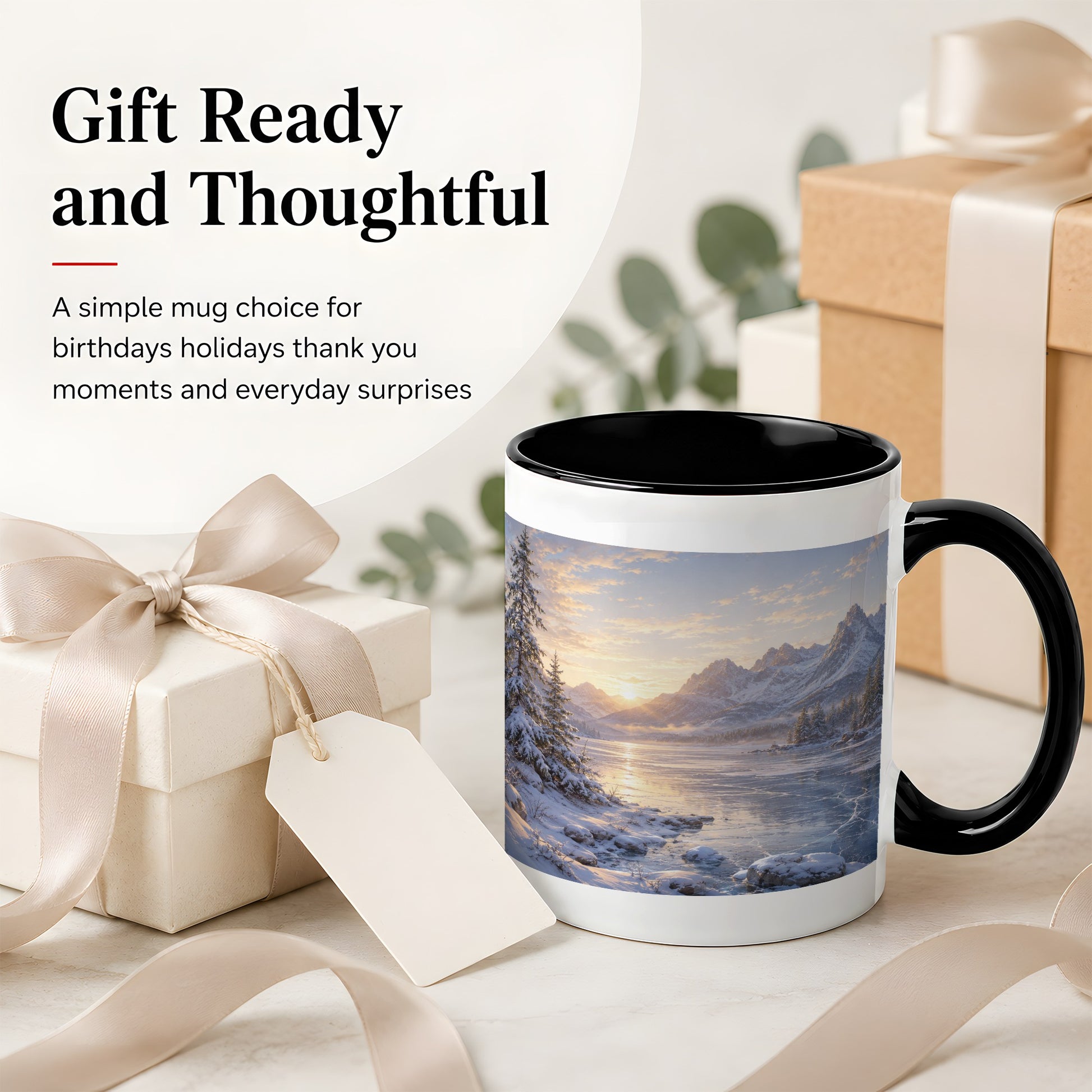 #pl[11oz|Black] Winter Mountain Sunrise Ceramic Mug, Frozen Lake Landscape