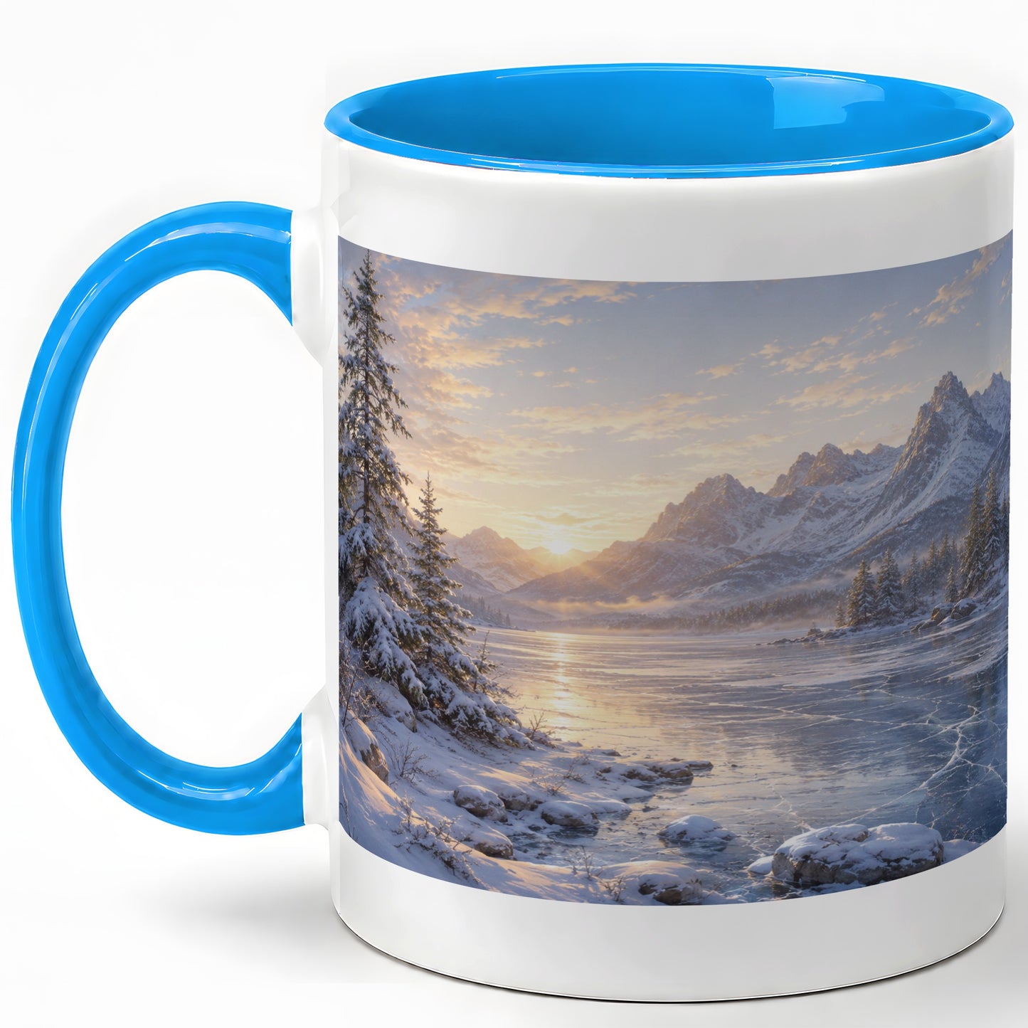 #pl[11oz|Blue] Winter Mountain Sunrise Ceramic Mug, Frozen Lake Landscape