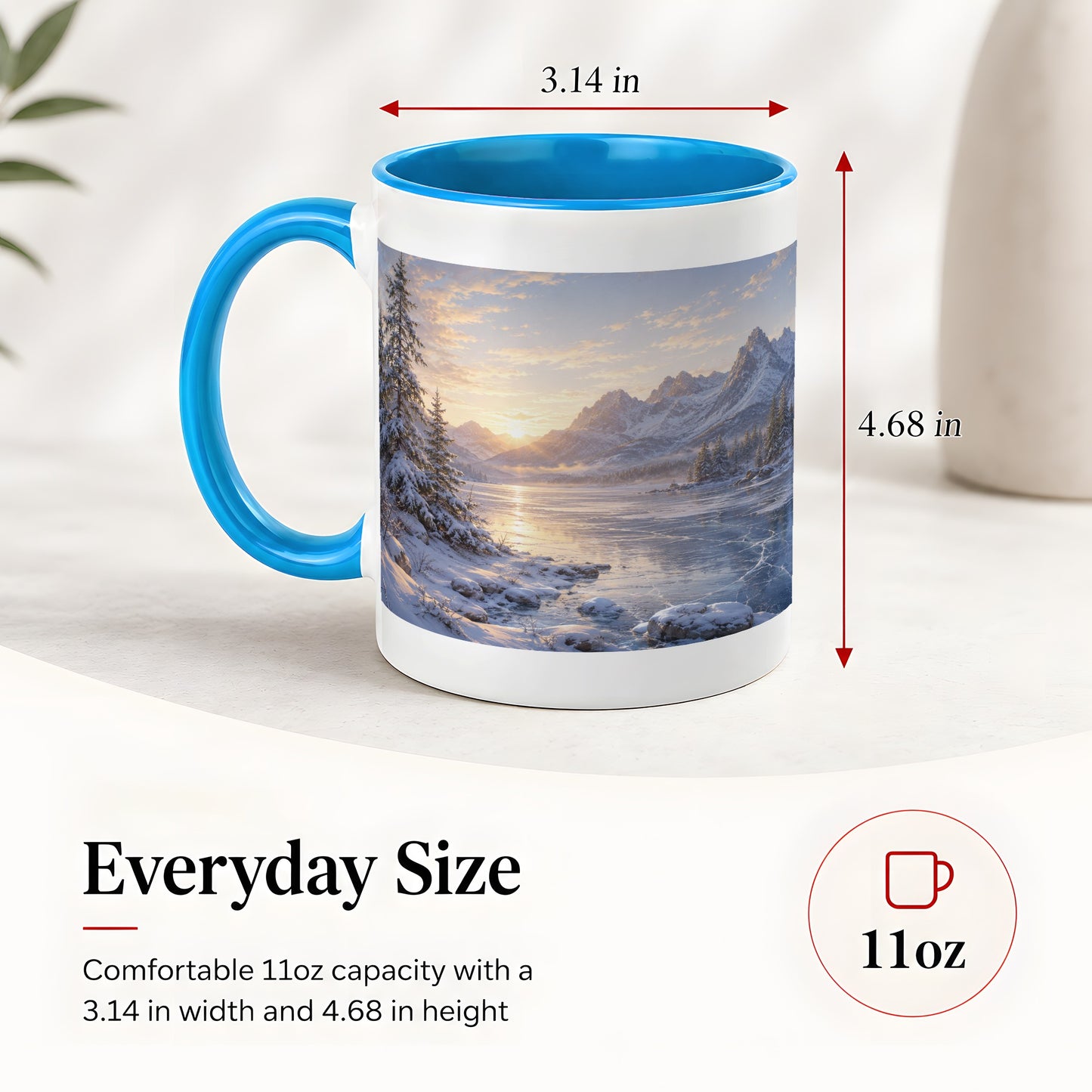 #pl[11oz|Blue] Winter Mountain Sunrise Ceramic Mug, Frozen Lake Landscape