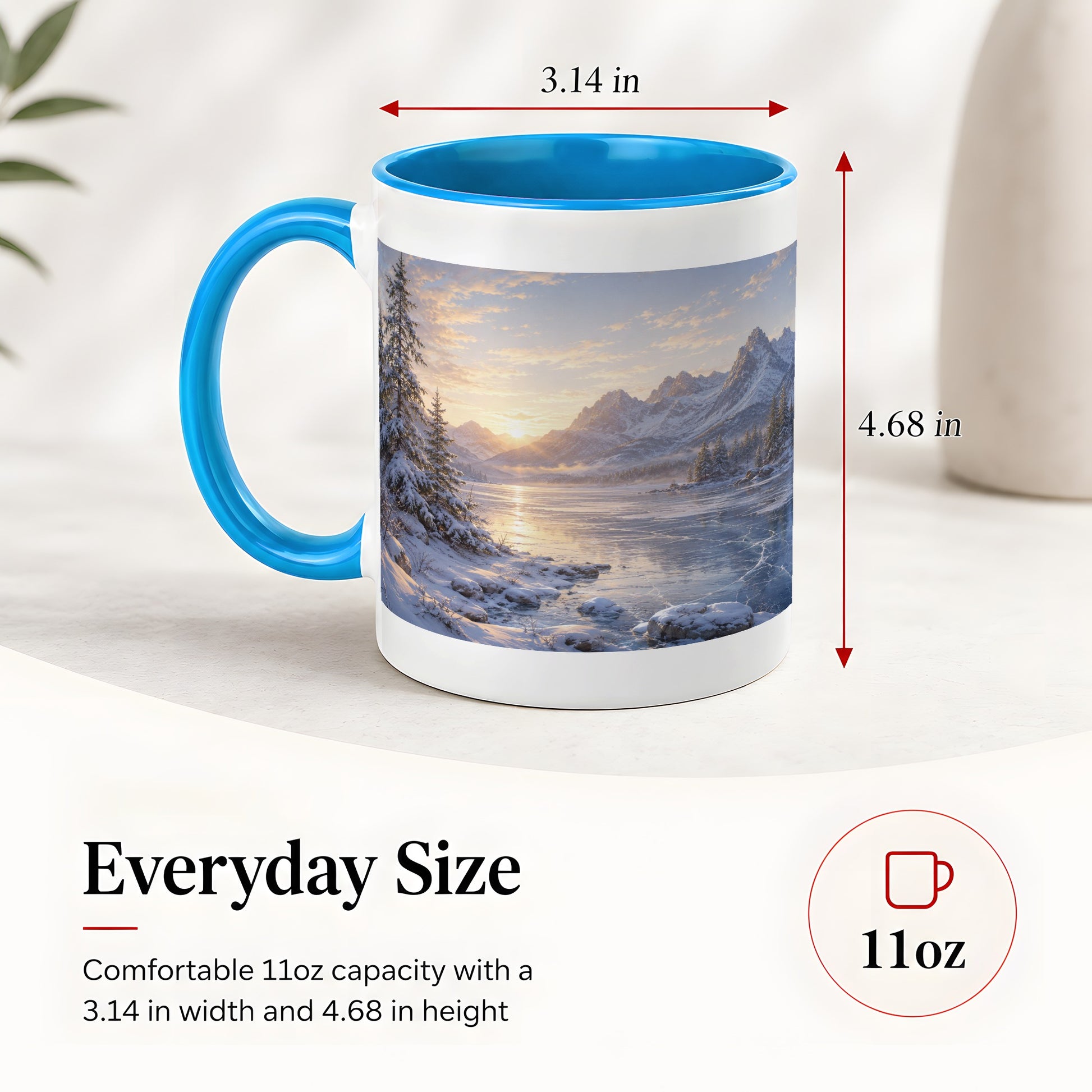 #pl[11oz|Blue] Winter Mountain Sunrise Ceramic Mug, Frozen Lake Landscape
