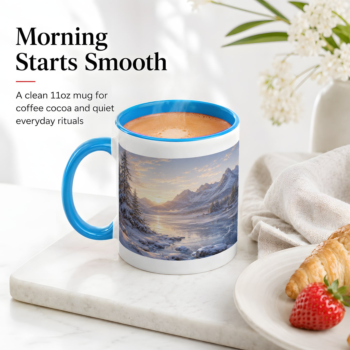 #pl[11oz|Blue] Winter Mountain Sunrise Ceramic Mug, Frozen Lake Landscape