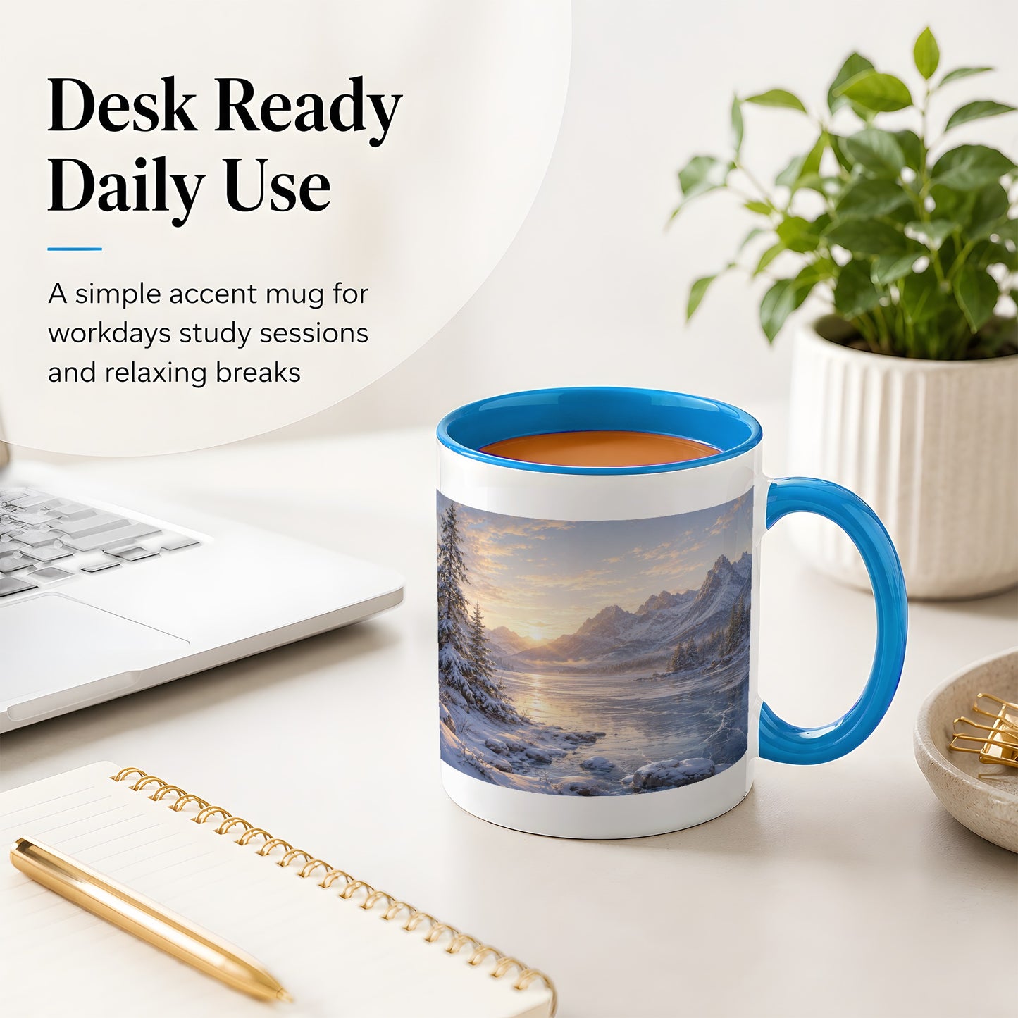 #pl[11oz|Blue] Winter Mountain Sunrise Ceramic Mug, Frozen Lake Landscape